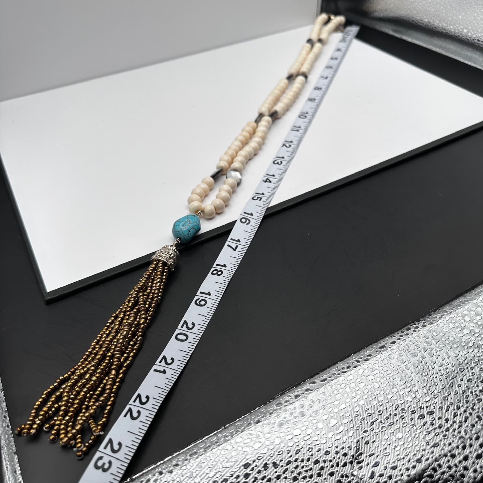 Vintage 90s Chico's Cream Beaded Necklace Faux Turquoise Tassel Boho Jewelry - Thumbnail 13