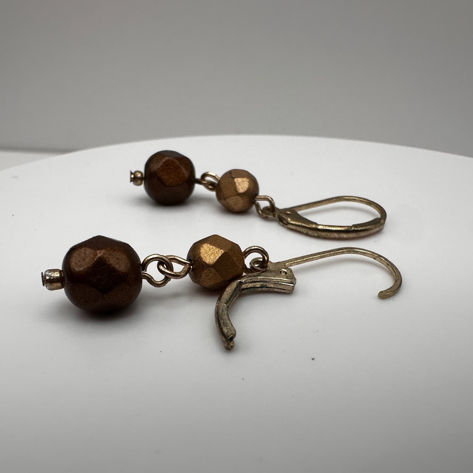 Vintage 90s Bronze Tone Beaded Drop Earrings Gold Tone Leverback Fashion Jewelry - Thumbnail 3