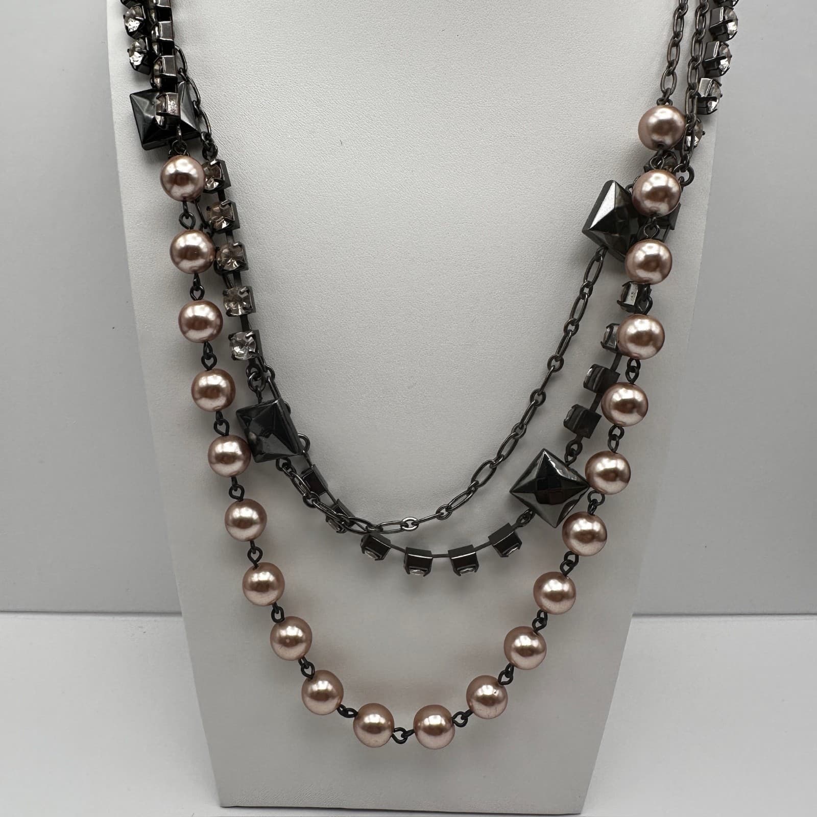 Vintage Y2K LOFT Multi-Strand Necklace Pink Faux Pearl Beads Tennis Rhinestone - Image 1