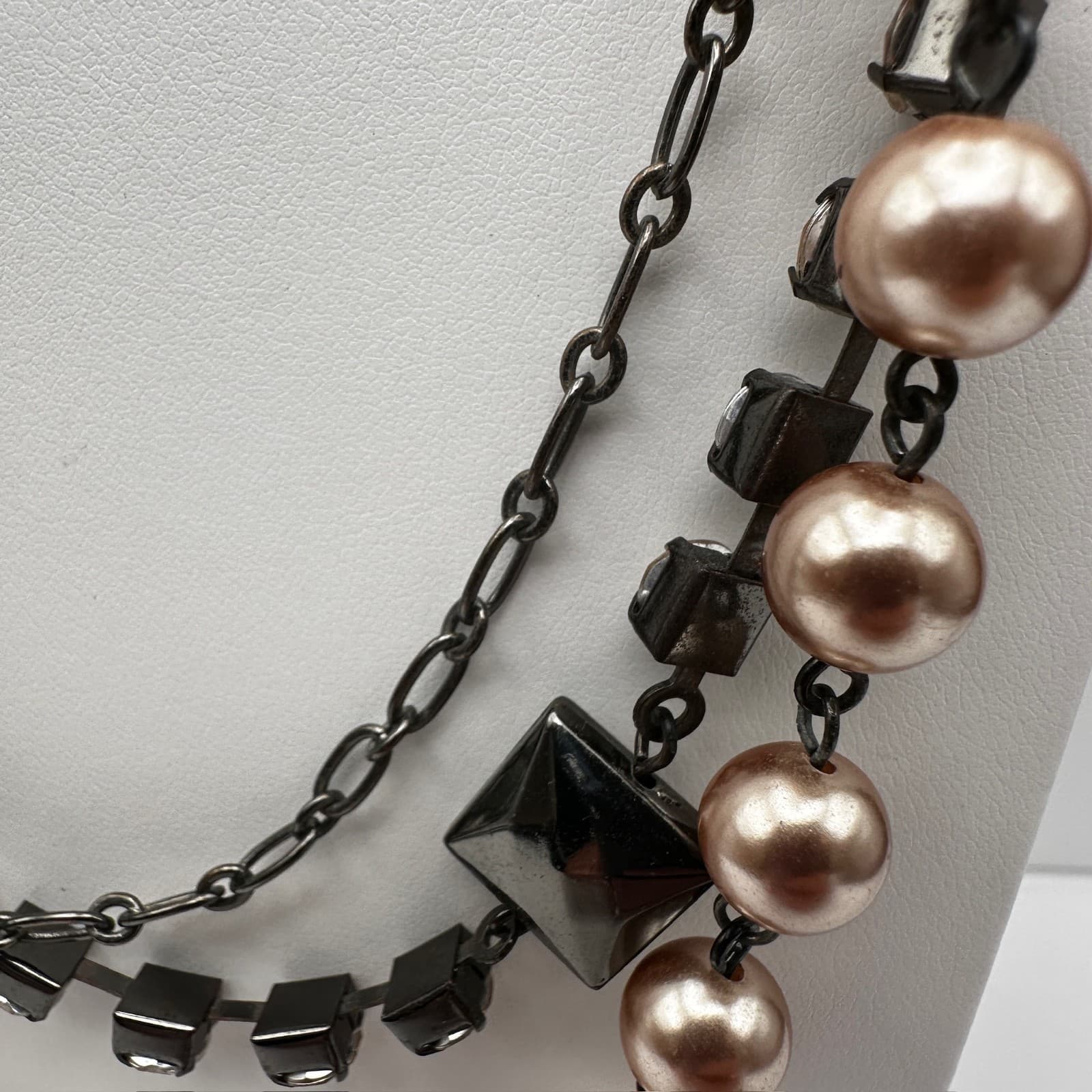 Vintage Y2K LOFT Multi-Strand Necklace Pink Faux Pearl Beads Tennis Rhinestone - Thumbnail 4