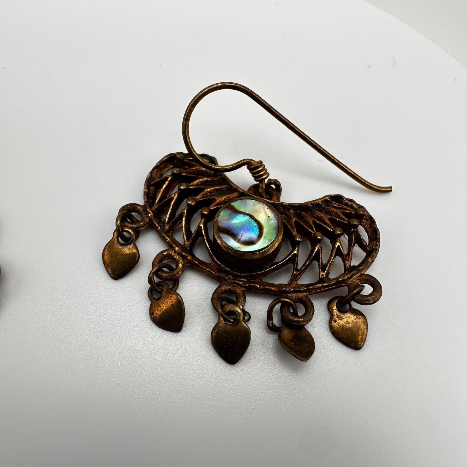 Vintage 80s 90s Brass Abalone Shell Dangle Earrings Filigree Heart Boho Fashion - Thumbnail 4