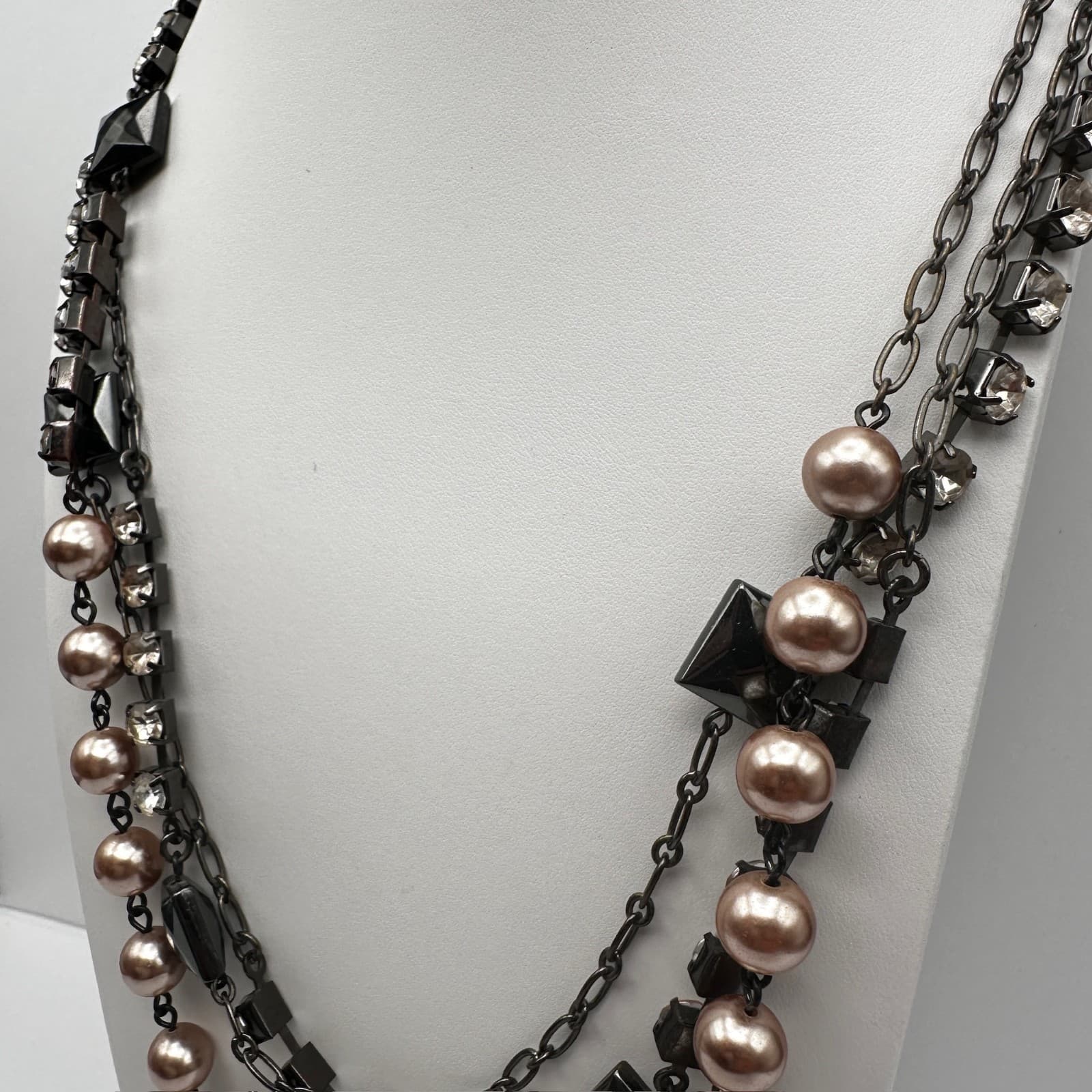 Vintage Y2K LOFT Multi-Strand Necklace Pink Faux Pearl Beads Tennis Rhinestone - Thumbnail 6