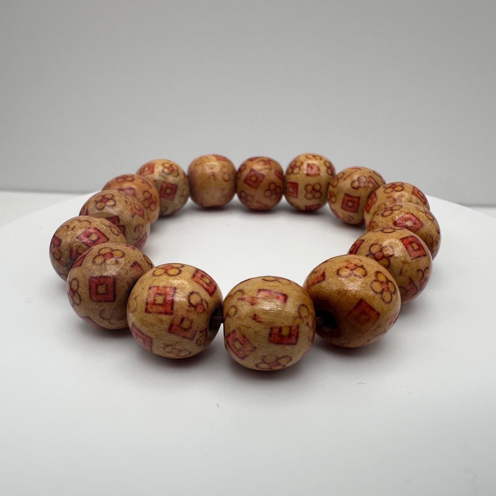 Vintage 80s Brown Wooden Bead Stretch Bracelet Copper Tone Women's Jewelry - Thumbnail 3