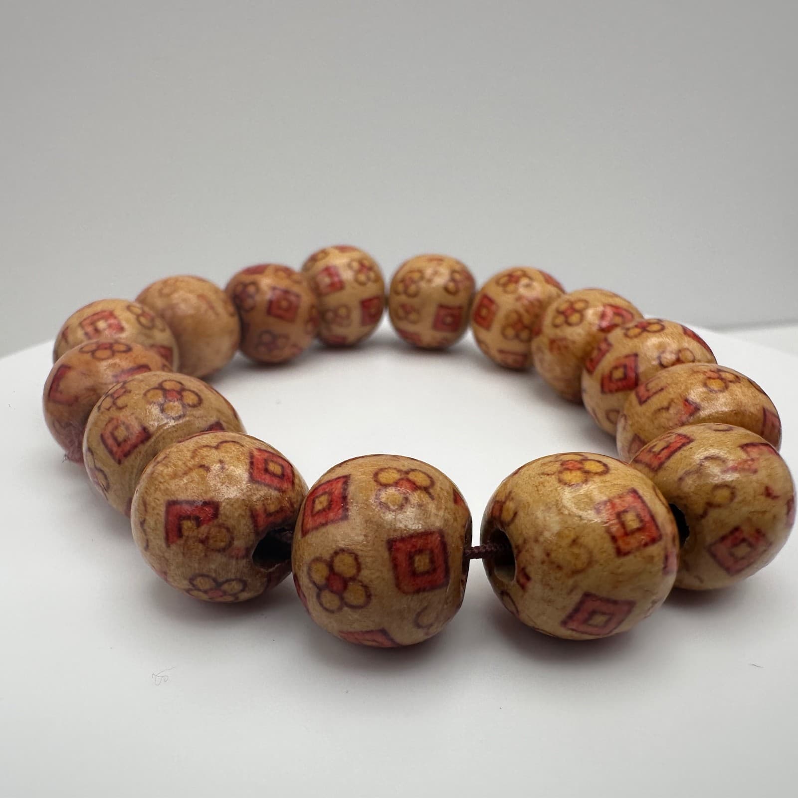 Vintage 80s Brown Wooden Bead Stretch Bracelet Copper Tone Women's Jewelry - Thumbnail 5