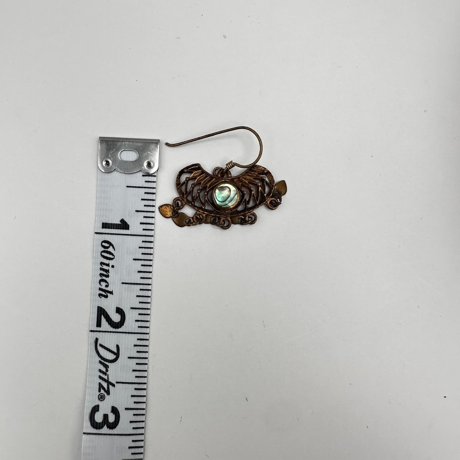 Vintage 80s 90s Brass Abalone Shell Dangle Earrings Filigree Heart Boho Fashion - Thumbnail 9