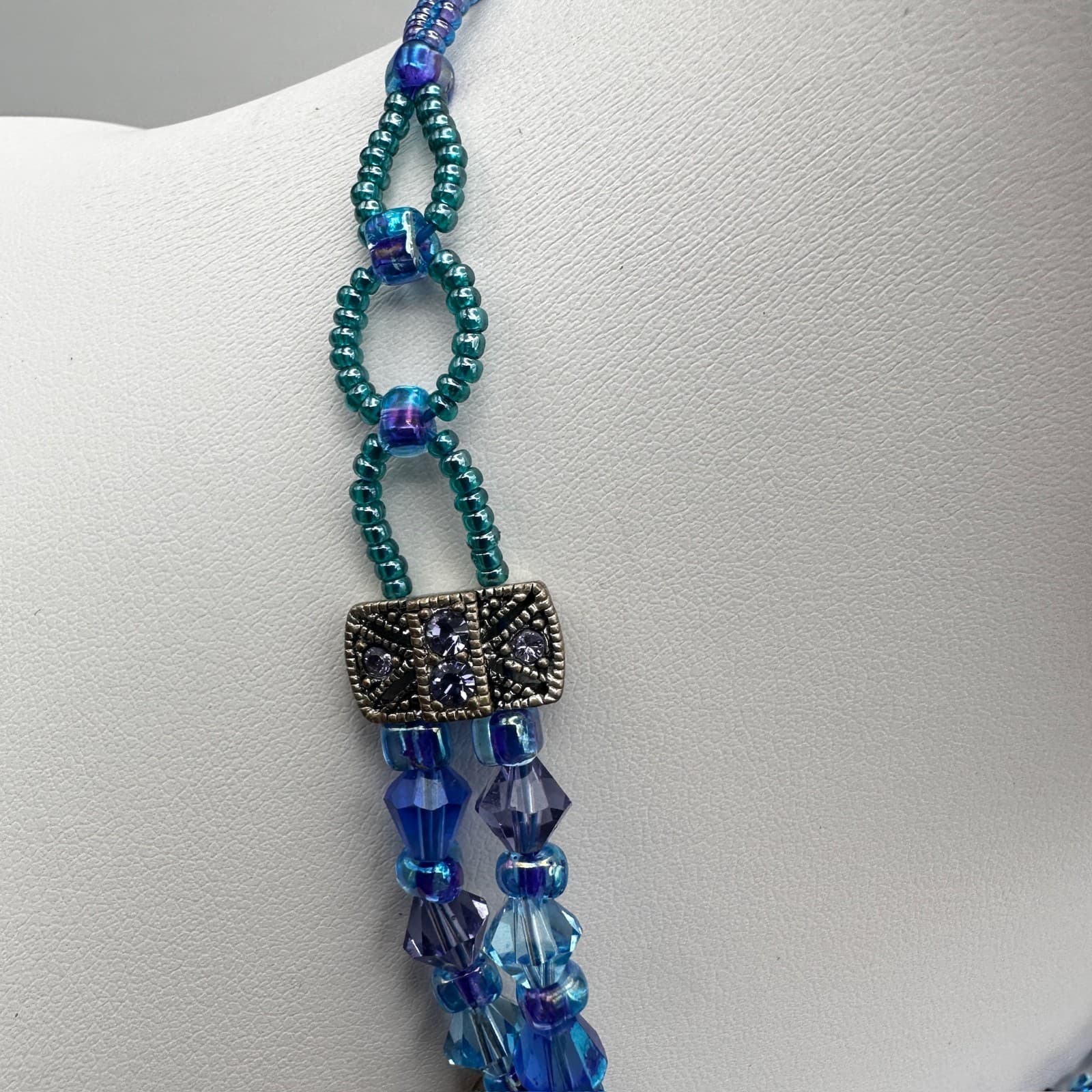 Vintage 90s Blue Crystal Bead Necklace Multi-Strand Silver Tone Women's Jewelry - Thumbnail 5
