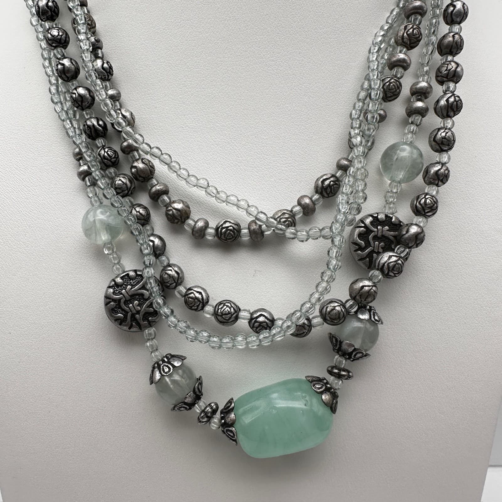 Vintage 90s Multi-Strand Beaded Necklace Silver Tone Rose Green Stone Boho - Thumbnail 2