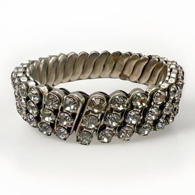 Vintage 90s Rhinestone Stretch Bracelet Glamour Silver Stone Women's Jewelry - Image 1