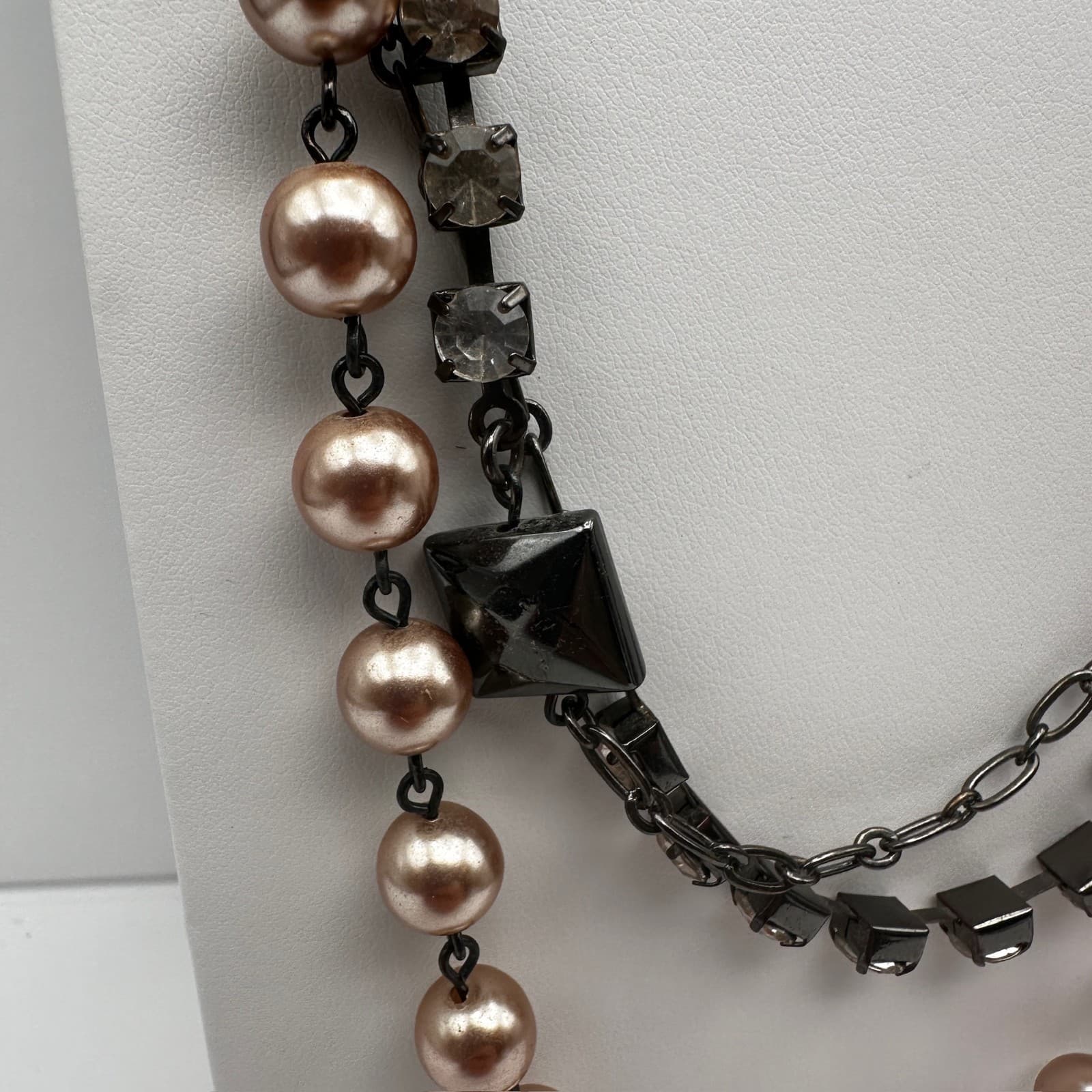 Vintage Y2K LOFT Multi-Strand Necklace Pink Faux Pearl Beads Tennis Rhinestone - Thumbnail 3