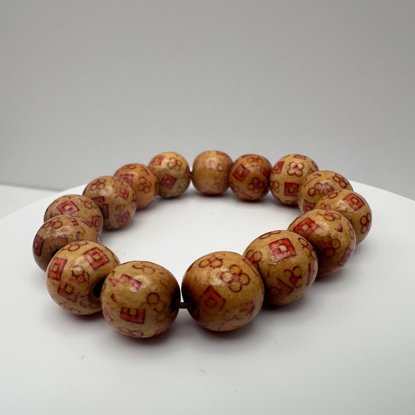Vintage 80s Brown Wooden Bead Stretch Bracelet Copper Tone Women's Jewelry - Thumbnail 6