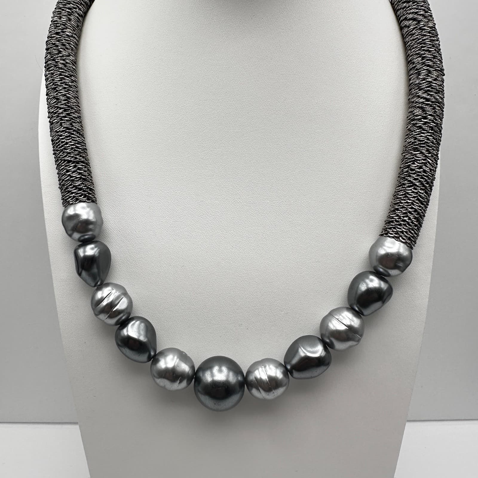 Vintage 90s Coldwater Creek Gray Faux Pearl Mesh Collar Necklace Statement Boho - Image 1