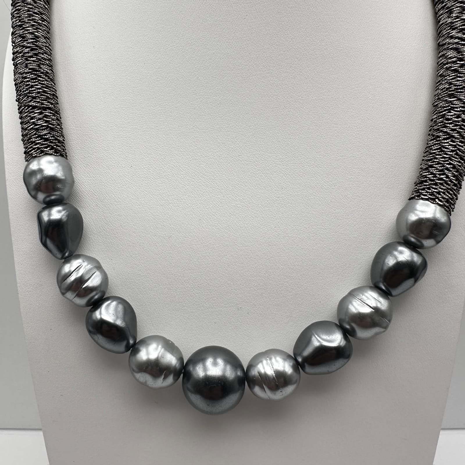 Vintage 90s Coldwater Creek Gray Faux Pearl Mesh Collar Necklace Statement Boho - Thumbnail 2
