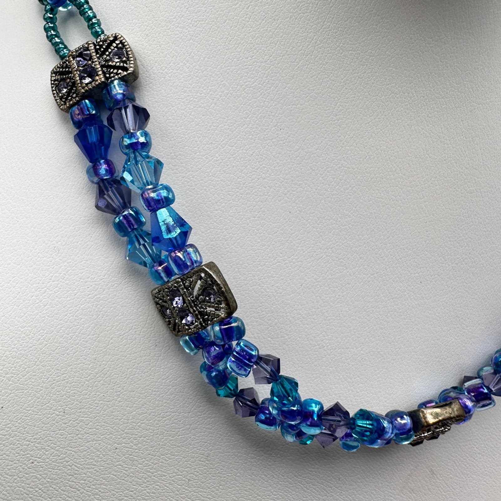 Vintage 90s Blue Crystal Bead Necklace Multi-Strand Silver Tone Women's Jewelry - Thumbnail 3