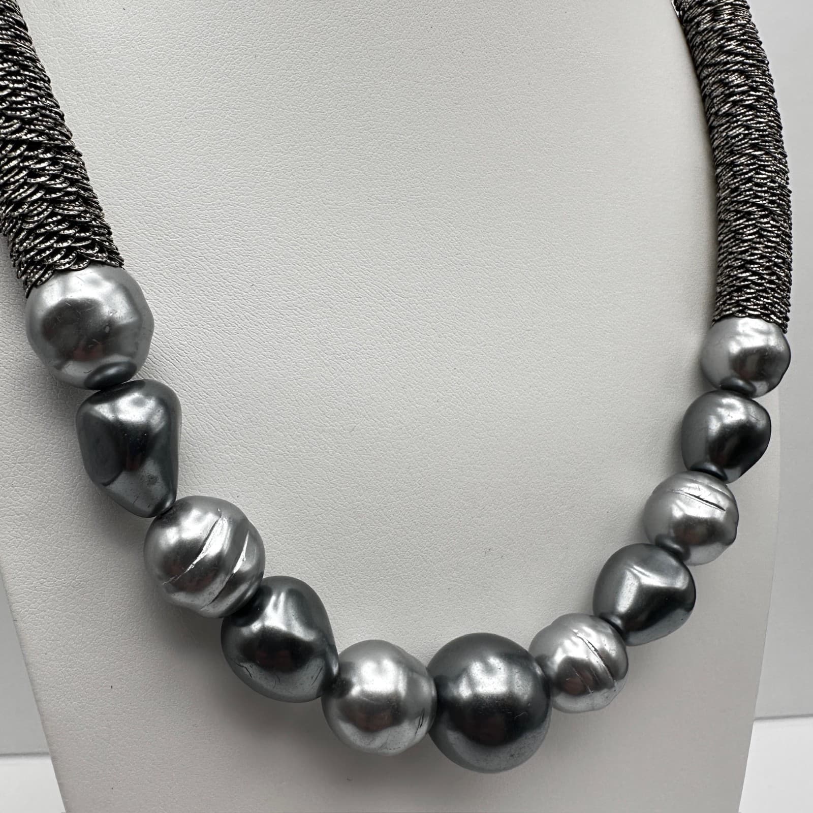 Vintage 90s Coldwater Creek Gray Faux Pearl Mesh Collar Necklace Statement Boho - Thumbnail 3
