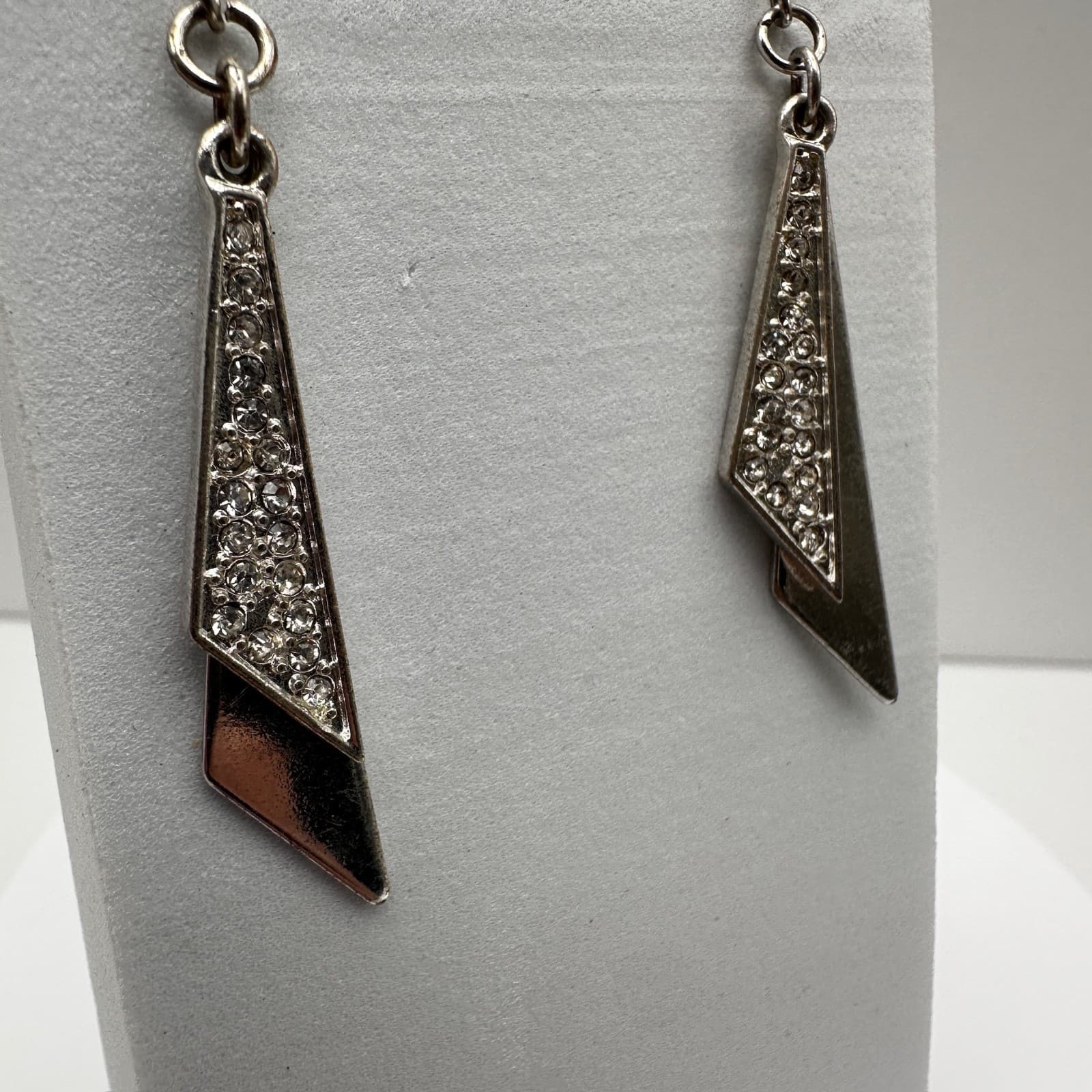 Vintage 90s Silver Tone Geometric Dangle Earrings Clear Rhionestone Modern Style - Thumbnail 2