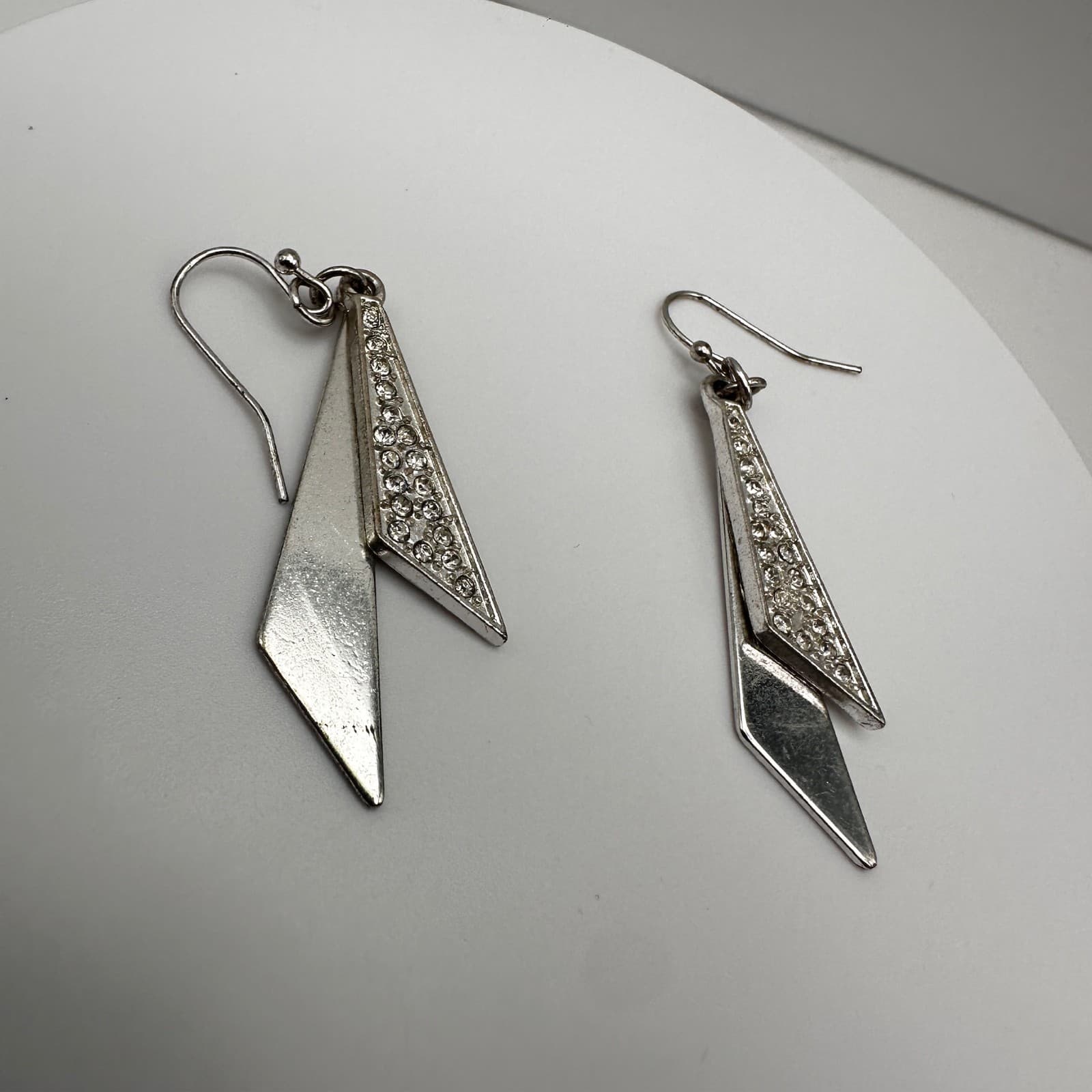 Vintage 90s Silver Tone Geometric Dangle Earrings Clear Rhionestone Modern Style - Thumbnail 6