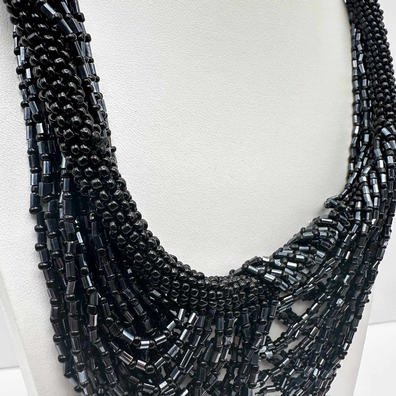 Vintage 90s ZAD Black Multi-Strand Seed Bead Bib Necklace Boho Statement Goth - Thumbnail 5