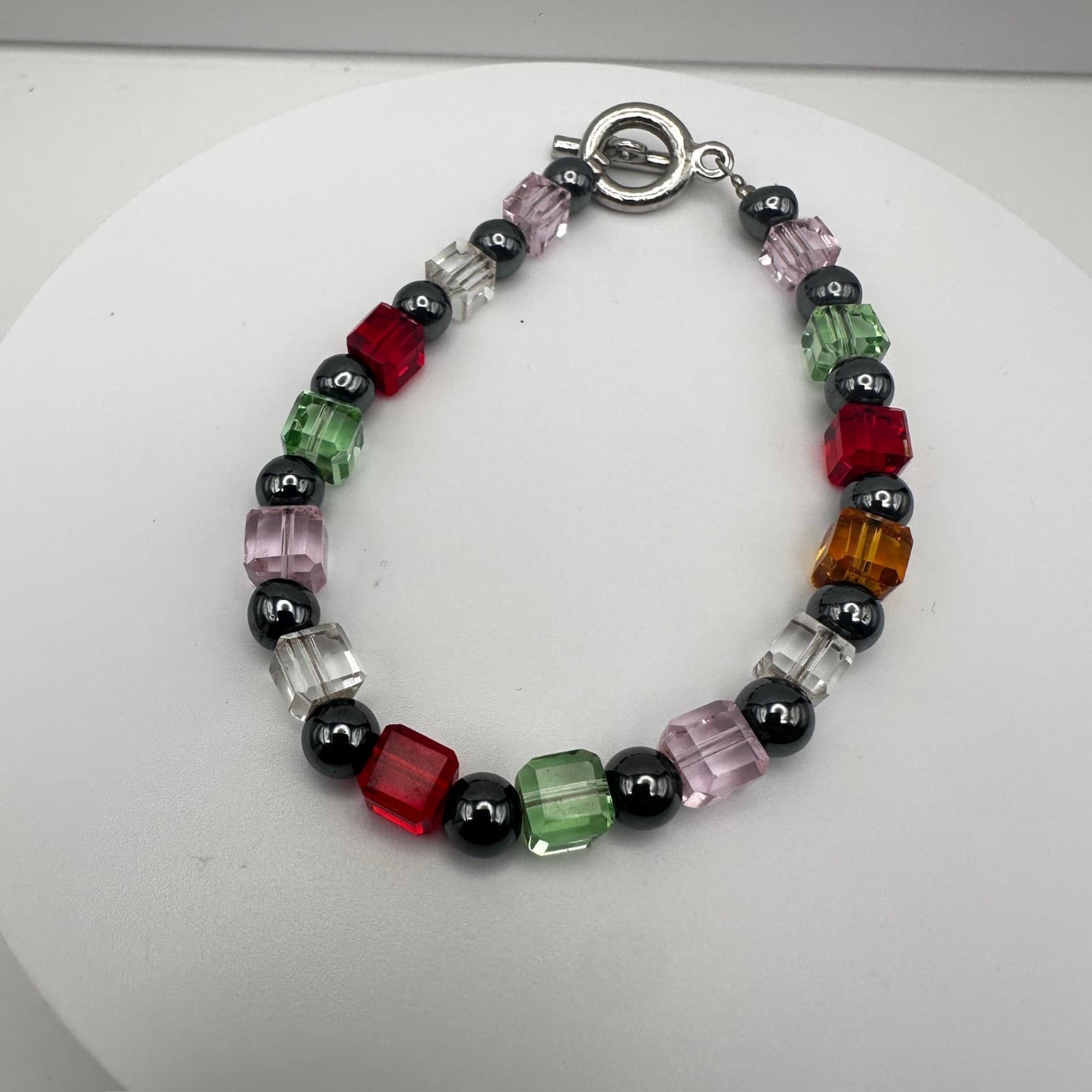Vintage 90s Multi-Color Crystal Cube Beaded Bracelet Silver Tone Women's Jewelry - Thumbnail 2