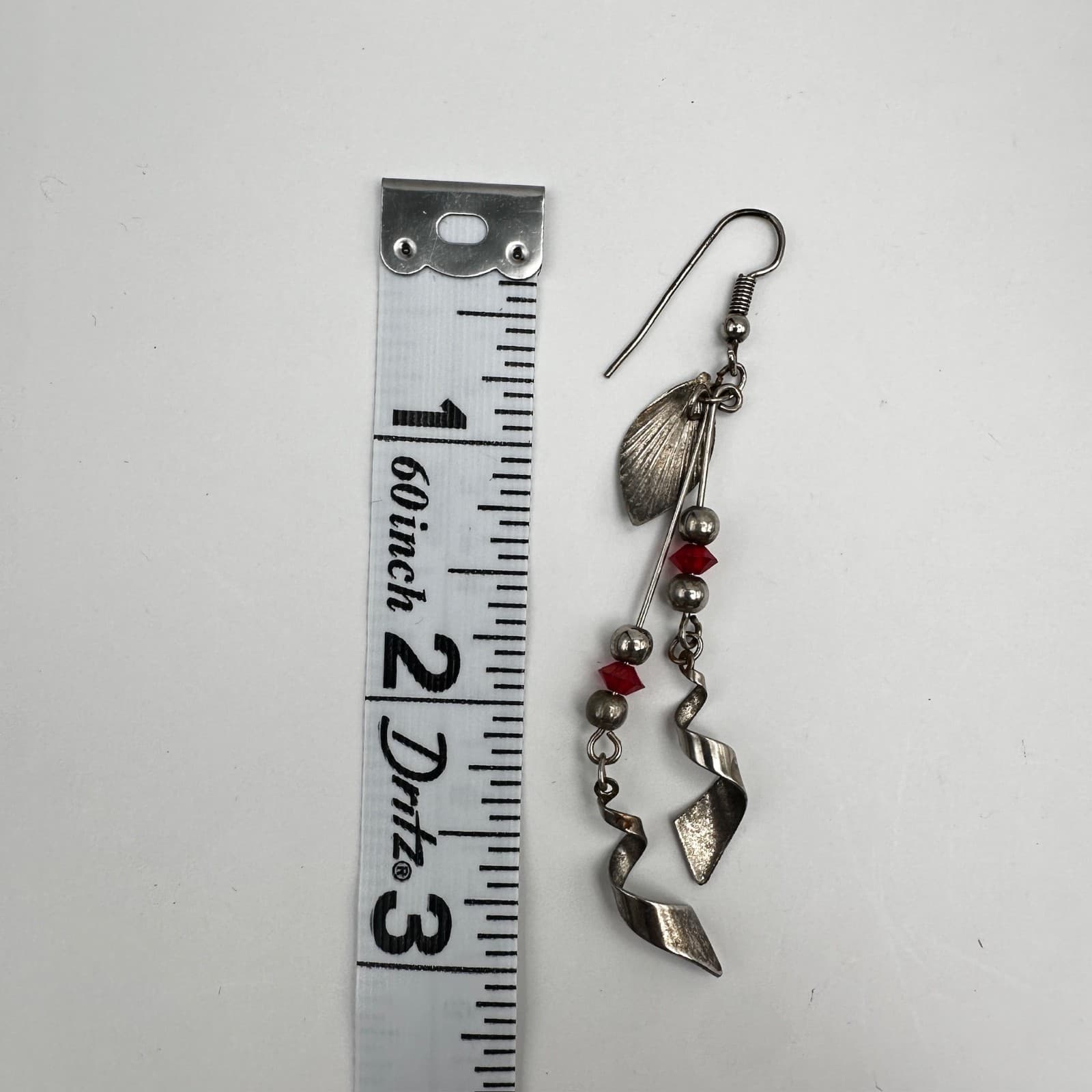 Vintage 90s Silver Tone Red Glass Bead Leaf Spiral Dangle Drop Earrings Jewelry - Thumbnail 10