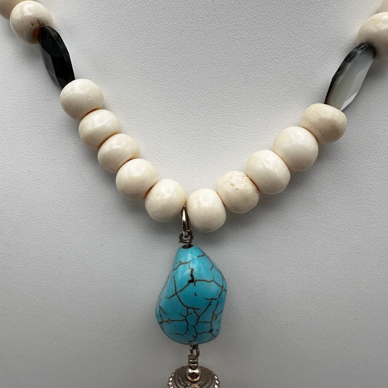 Vintage 90s Chico's Cream Beaded Necklace Faux Turquoise Tassel Boho Jewelry - Thumbnail 6