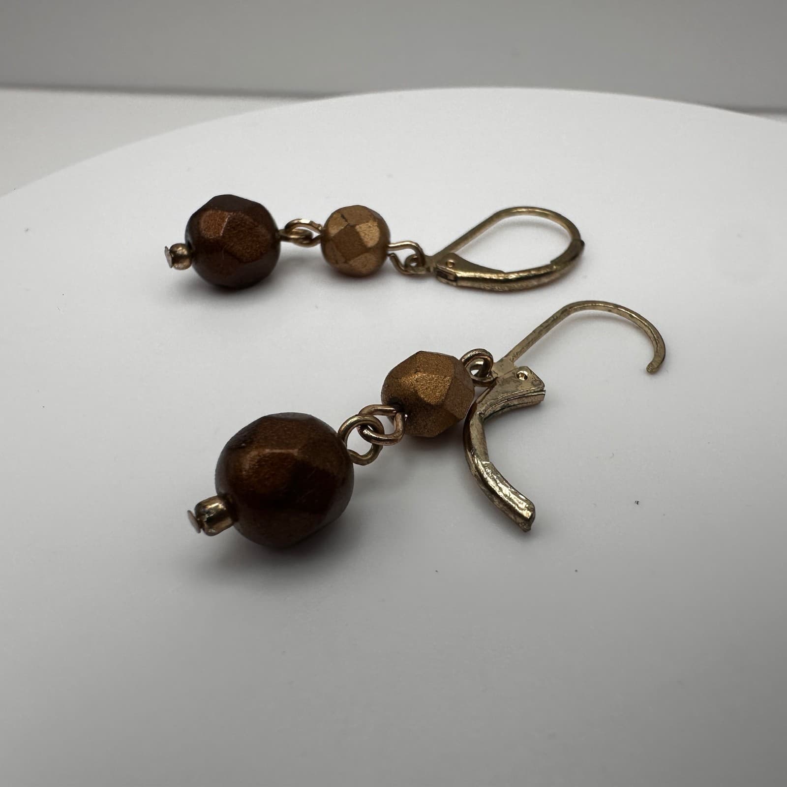 Vintage 90s Bronze Tone Beaded Drop Earrings Gold Tone Leverback Fashion Jewelry - Thumbnail 2