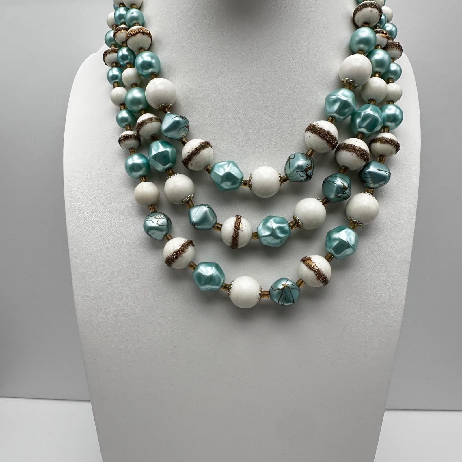 Vintage 80s Multi-Strand Blue & White Bead Necklace Boho Fashion Women's Jewelry - Thumbnail 2