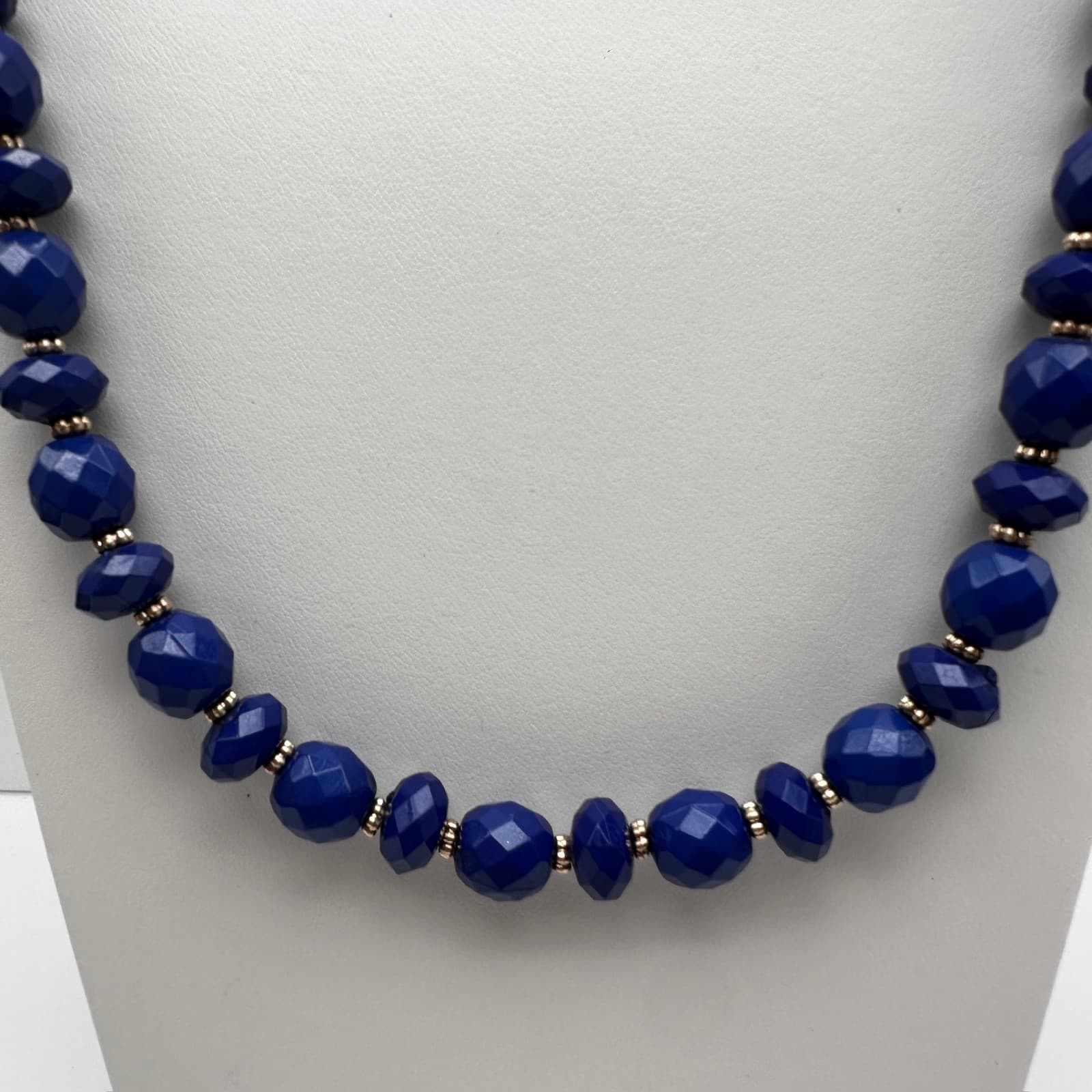 Vintage 90s Gold Tone Blue Faceted Beaded Statement Necklace Women's Jewelry - Thumbnail 2