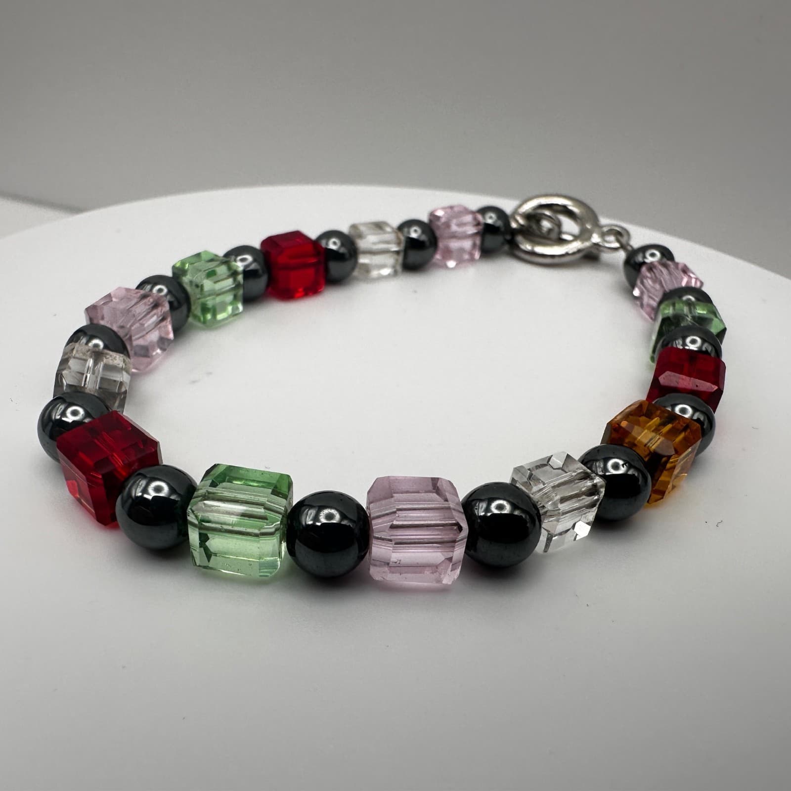 Vintage 90s Multi-Color Crystal Cube Beaded Bracelet Silver Tone Women's Jewelry - Thumbnail 5