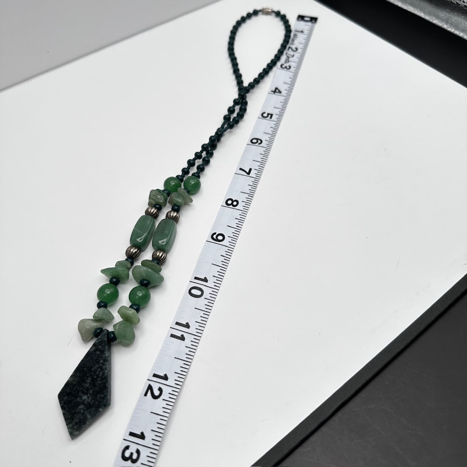 Vintage 90s Green Aventurine Quartz Stone Bead Necklace Large Rhombus Pendant - Thumbnail 8