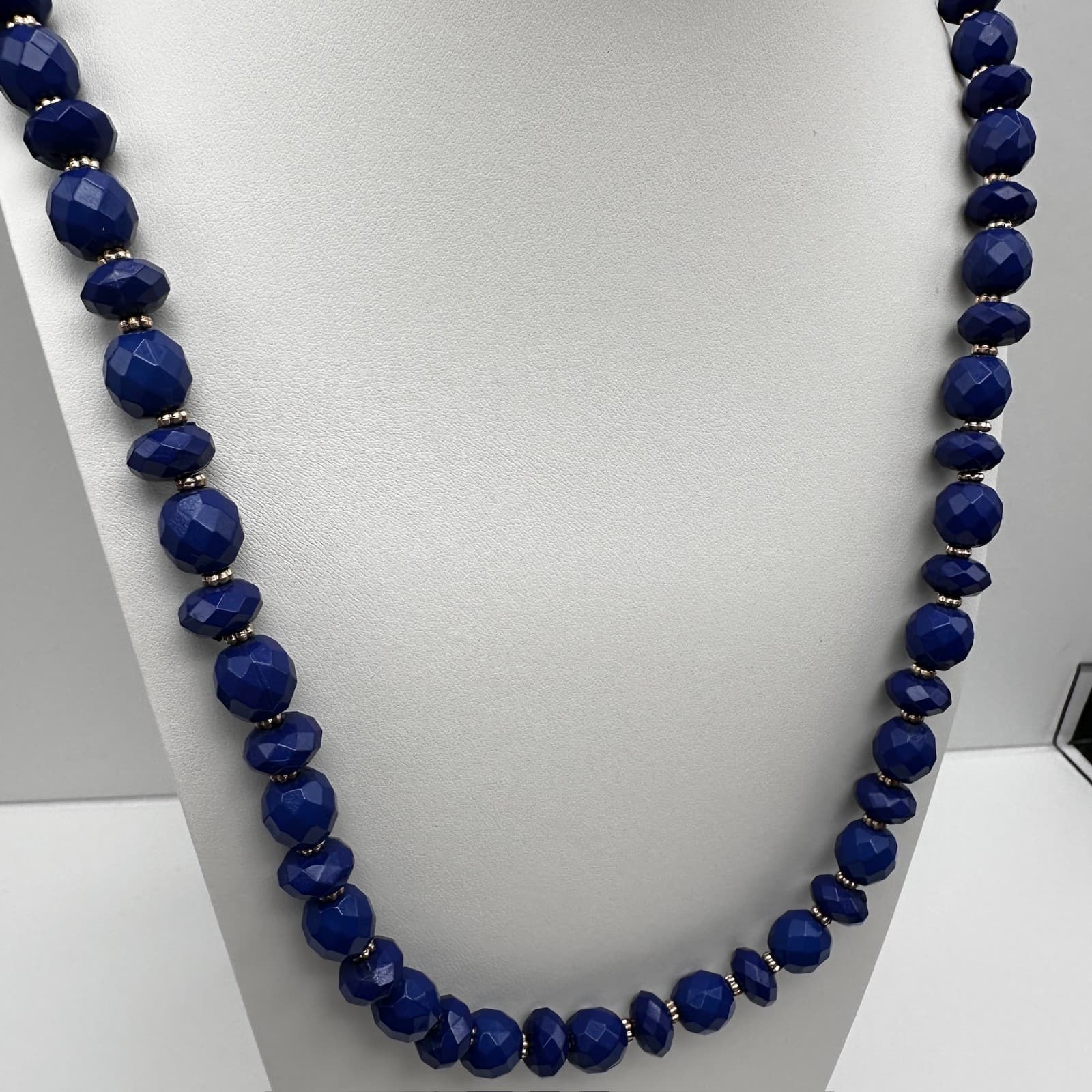 Vintage 90s Gold Tone Blue Faceted Beaded Statement Necklace Women's Jewelry - Thumbnail 4