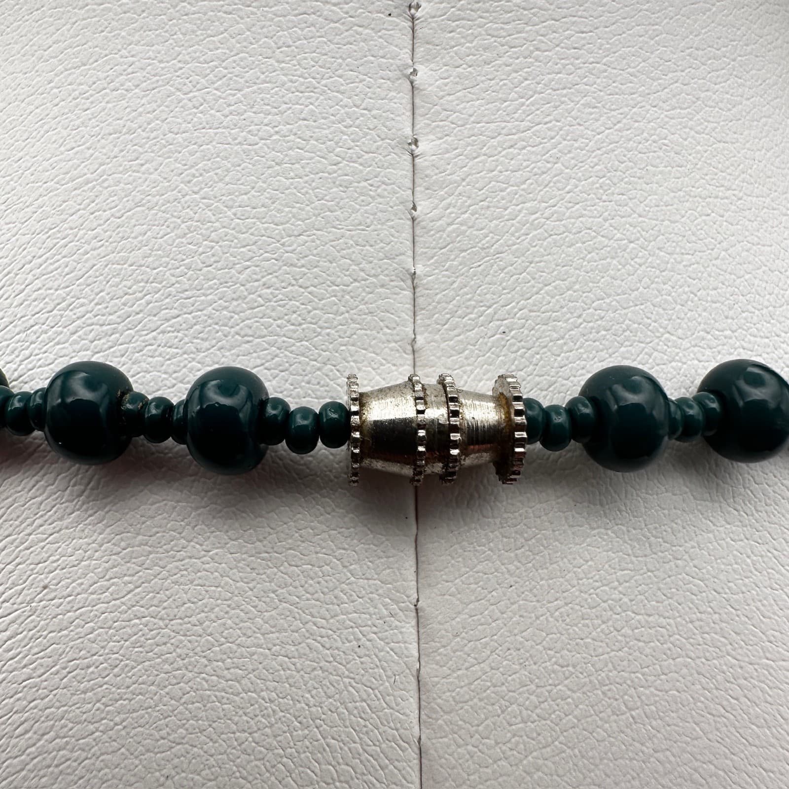 Vintage 90s Green Aventurine Quartz Stone Bead Necklace Large Rhombus Pendant - Thumbnail 7