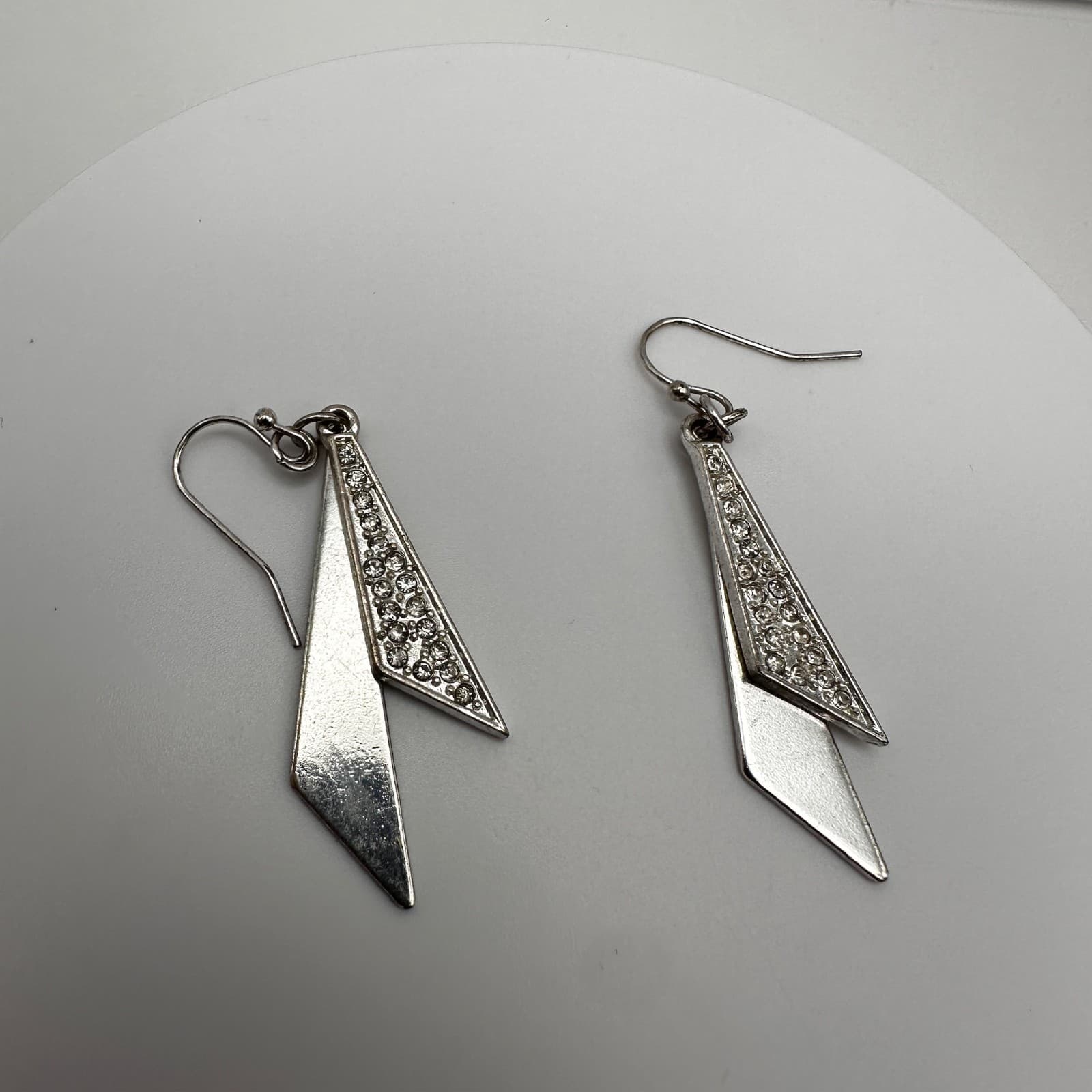 Vintage 90s Silver Tone Geometric Dangle Earrings Clear Rhionestone Modern Style - Thumbnail 5