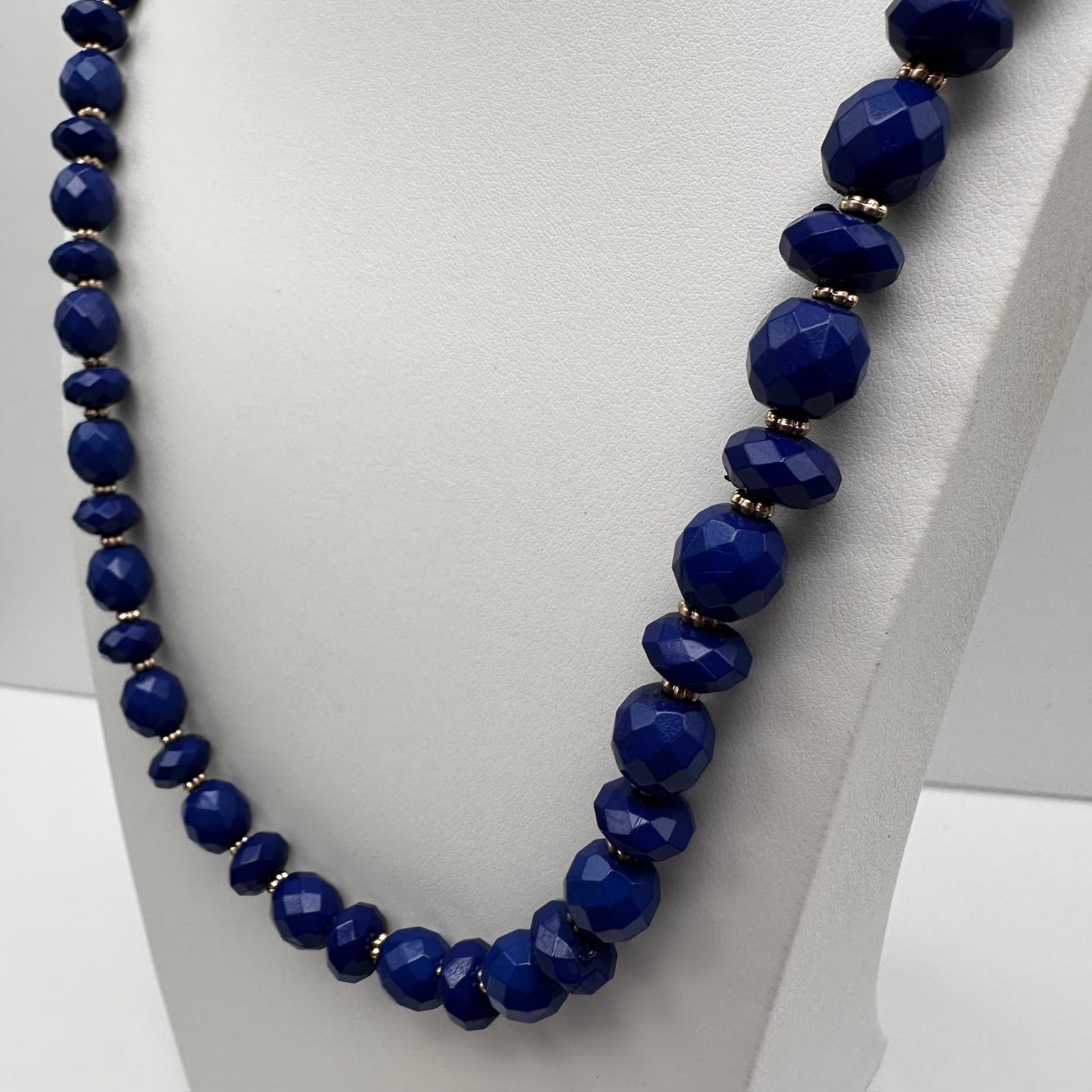 Vintage 90s Gold Tone Blue Faceted Beaded Statement Necklace Women's Jewelry - Thumbnail 7