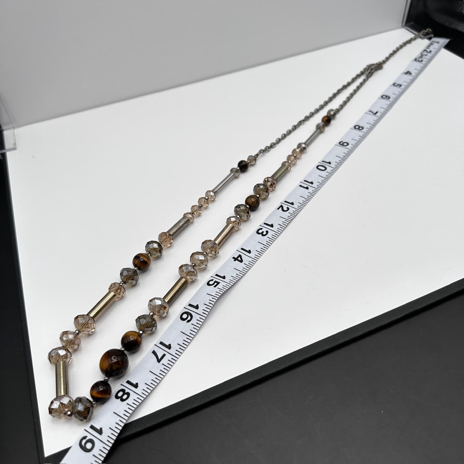 Vintage 90s LOFT Necklace Tiger's Eye Smokey Glass Bronze Tone Beaded Earthy - Thumbnail 9