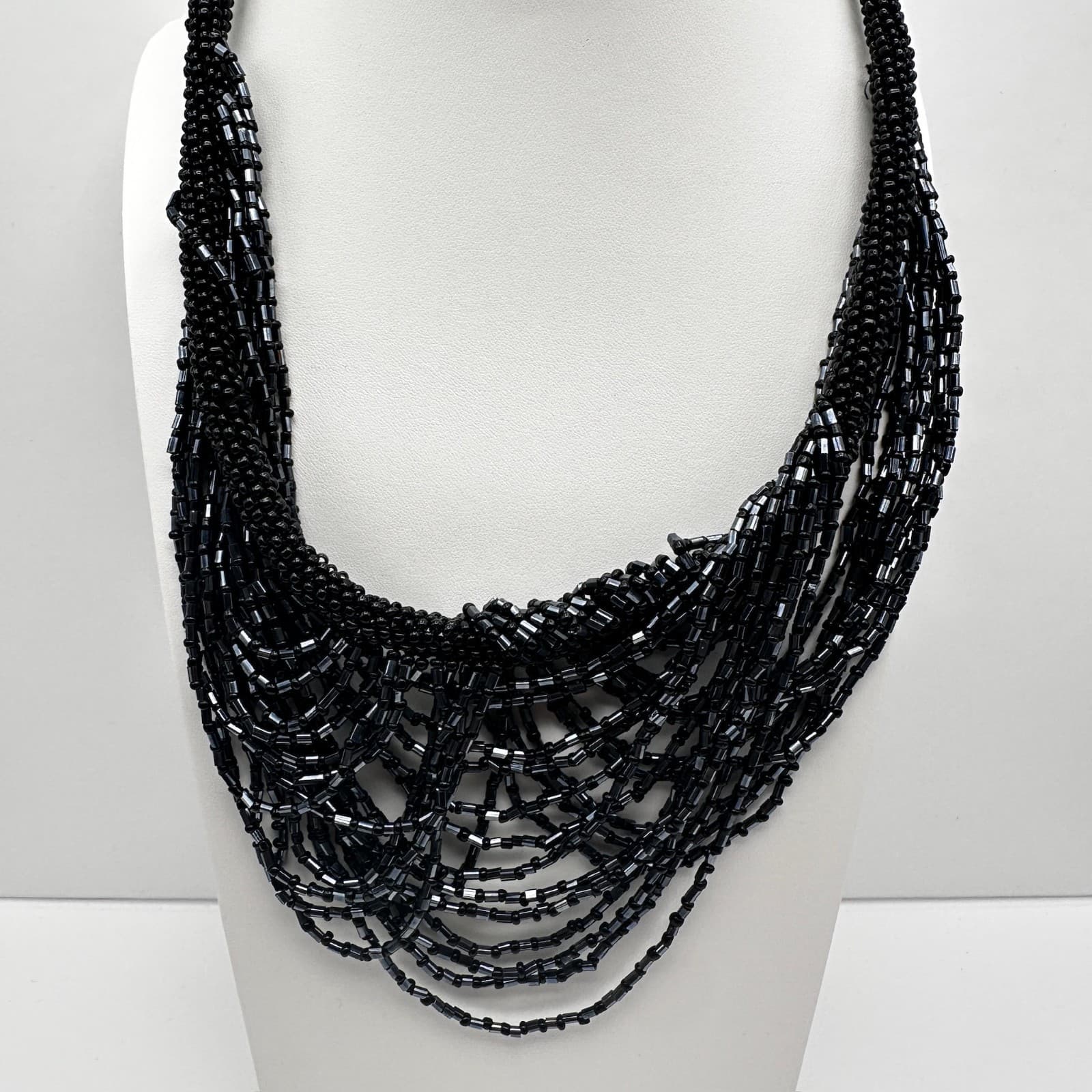 Vintage 90s ZAD Black Multi-Strand Seed Bead Bib Necklace Boho Statement Goth - Image 1
