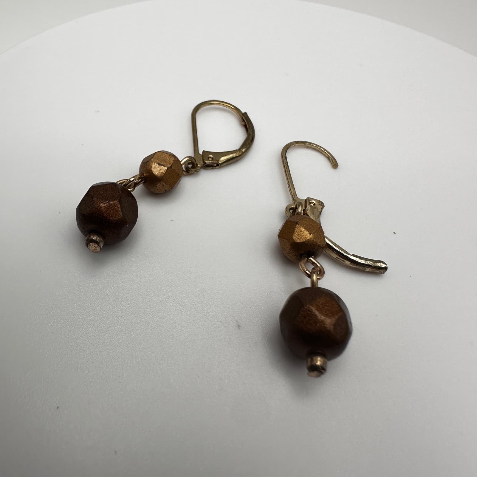 Vintage 90s Bronze Tone Beaded Drop Earrings Gold Tone Leverback Fashion Jewelry - Thumbnail 5