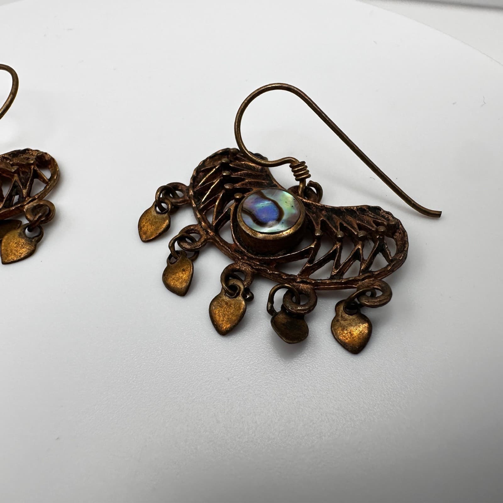 Vintage 80s 90s Brass Abalone Shell Dangle Earrings Filigree Heart Boho Fashion - Thumbnail 6