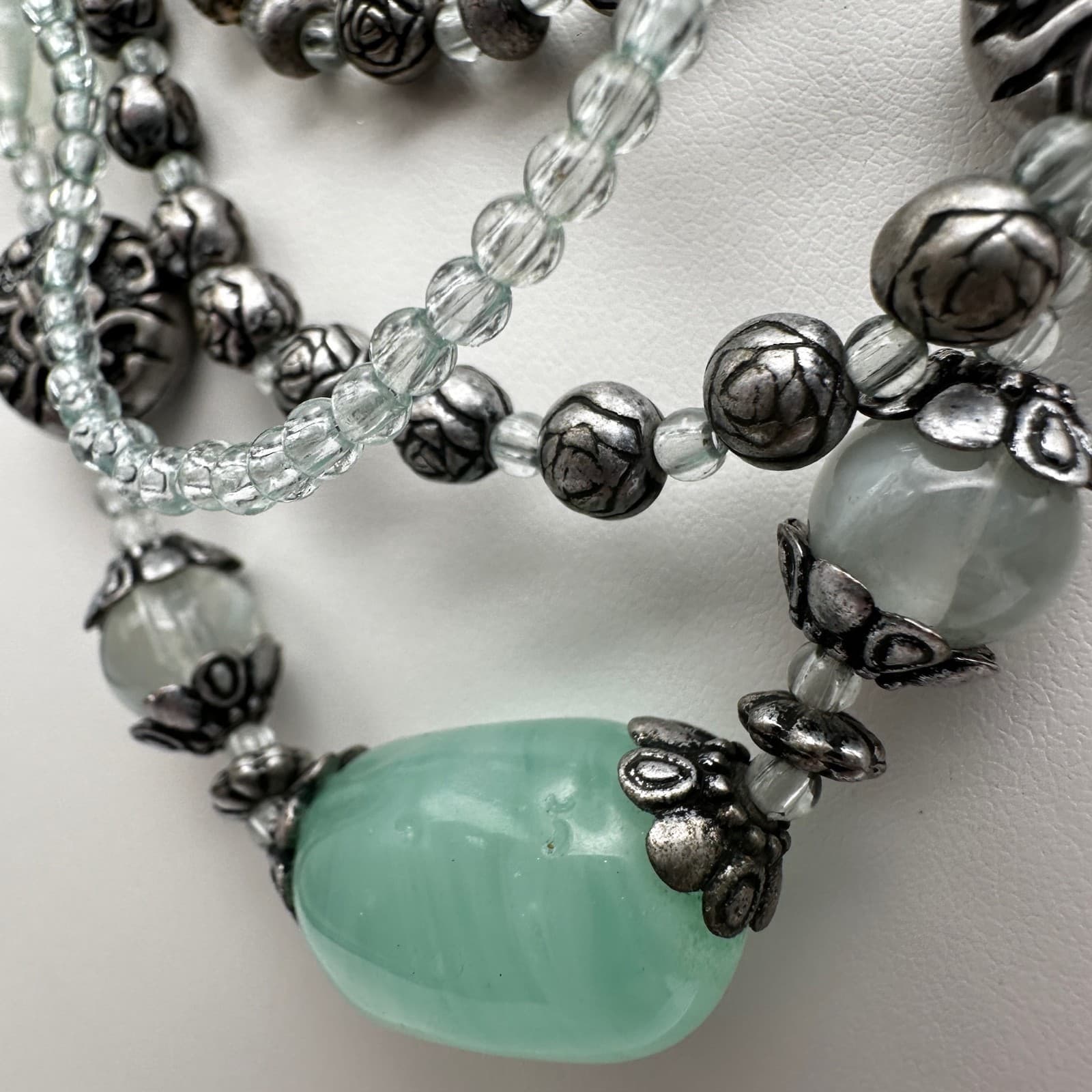 Vintage 90s Multi-Strand Beaded Necklace Silver Tone Rose Green Stone Boho - Thumbnail 7