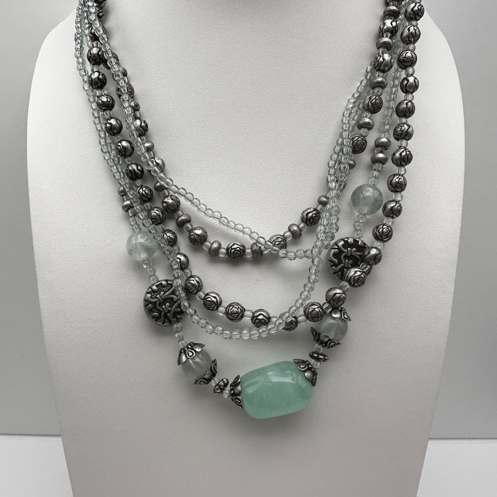 Vintage 90s Multi-Strand Beaded Necklace Silver Tone Rose Green Stone Boho - Image 1