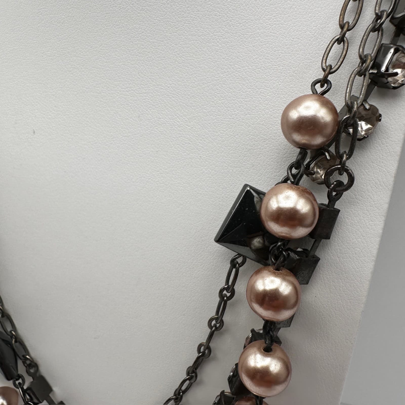 Vintage Y2K LOFT Multi-Strand Necklace Pink Faux Pearl Beads Tennis Rhinestone - Thumbnail 5