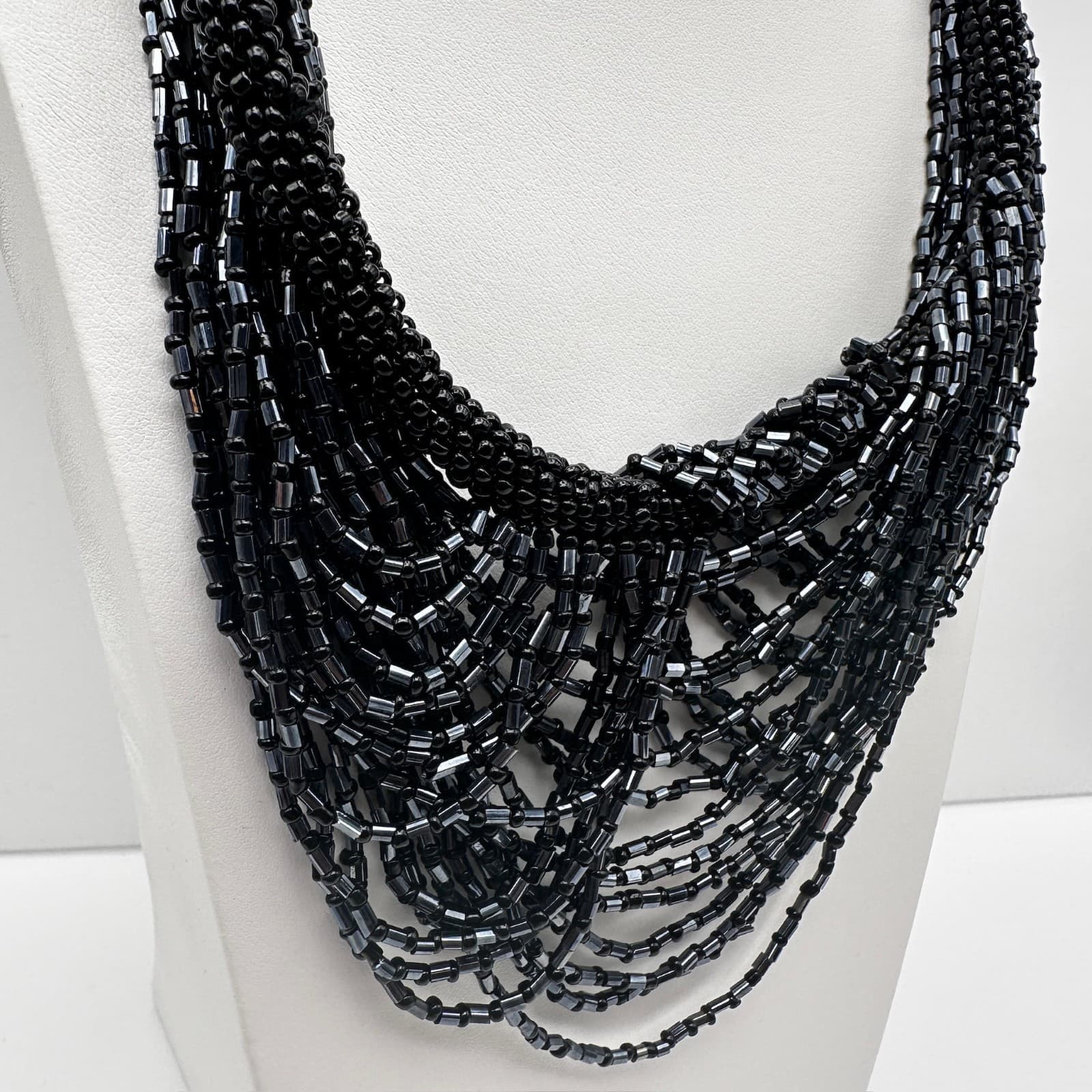 Vintage 90s ZAD Black Multi-Strand Seed Bead Bib Necklace Boho Statement Goth - Thumbnail 4