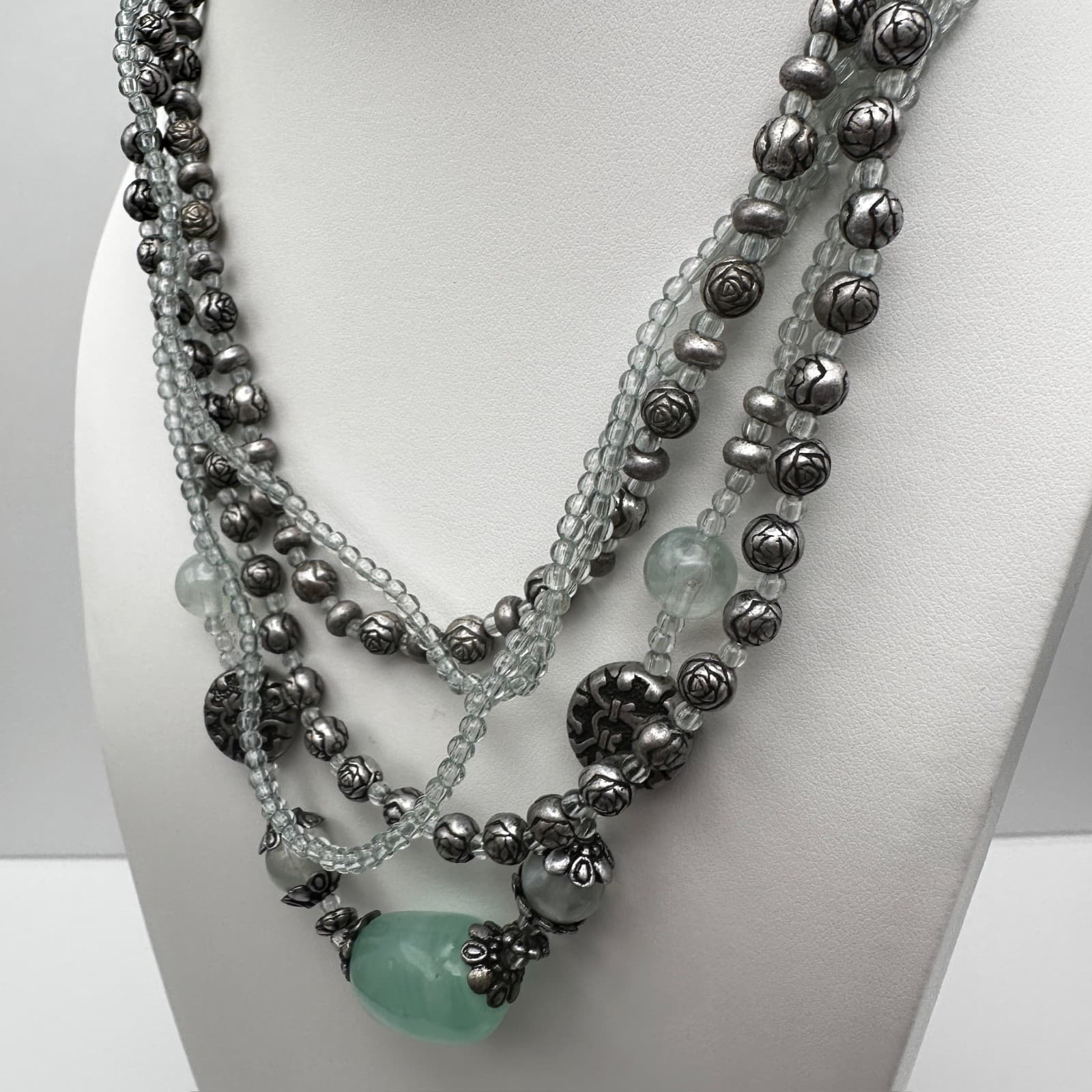 Vintage 90s Multi-Strand Beaded Necklace Silver Tone Rose Green Stone Boho - Thumbnail 5