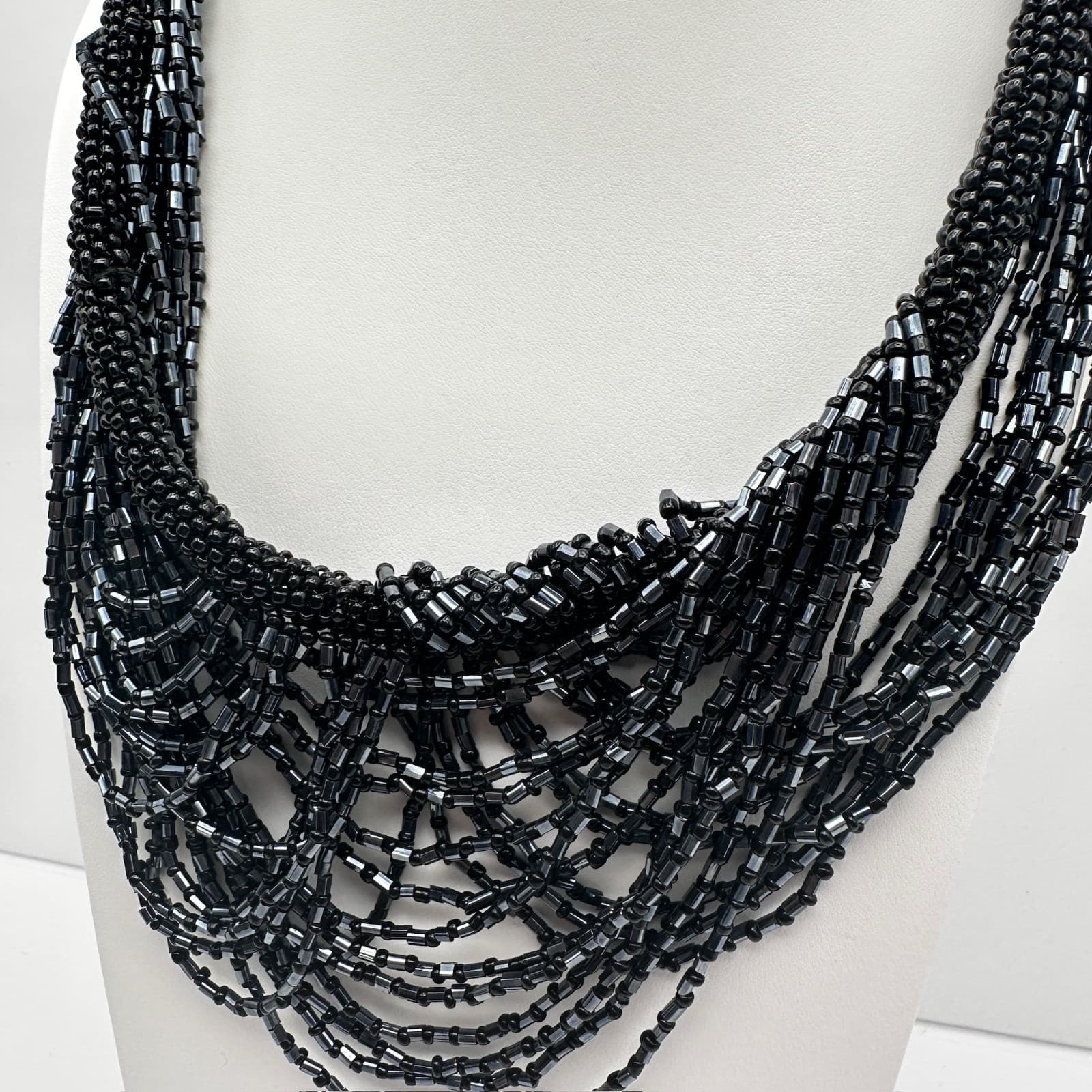 Vintage 90s ZAD Black Multi-Strand Seed Bead Bib Necklace Boho Statement Goth - Thumbnail 3