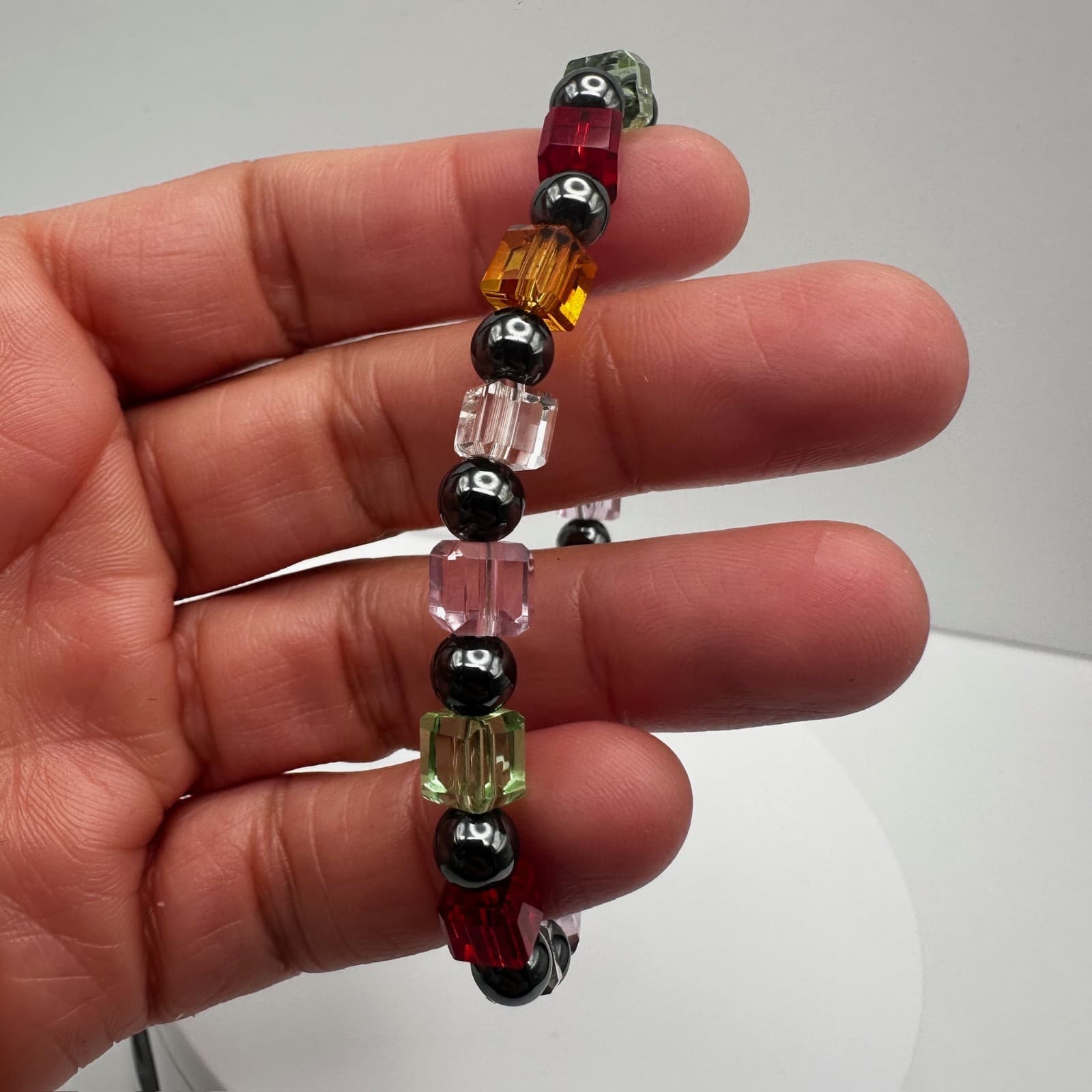Vintage 90s Multi-Color Crystal Cube Beaded Bracelet Silver Tone Women's Jewelry - Thumbnail 8