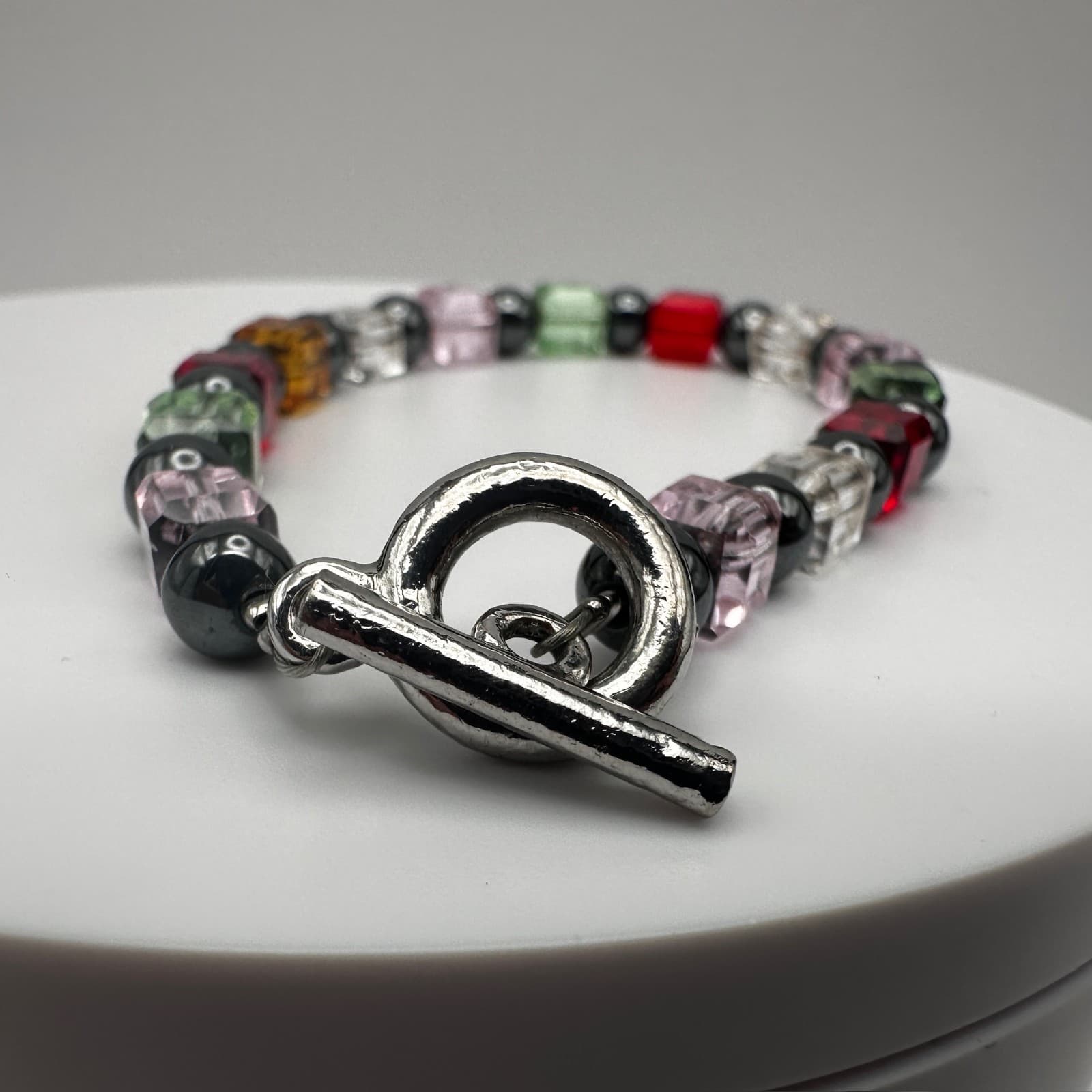 Vintage 90s Multi-Color Crystal Cube Beaded Bracelet Silver Tone Women's Jewelry - Thumbnail 7