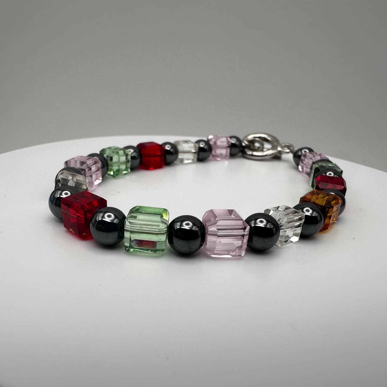 Vintage 90s Multi-Color Crystal Cube Beaded Bracelet Silver Tone Women's Jewelry - Thumbnail 4