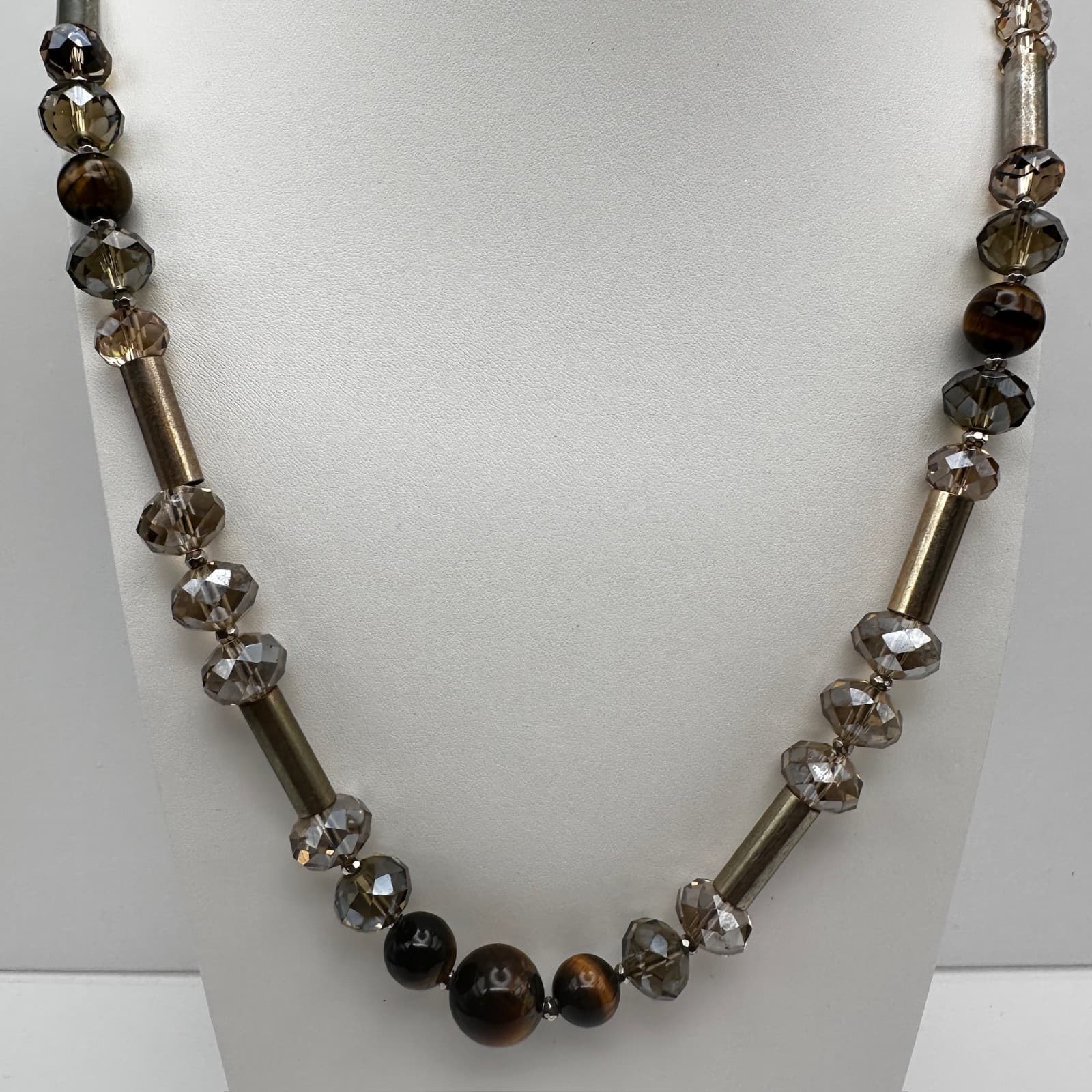 Vintage 90s LOFT Necklace Tiger's Eye Smokey Glass Bronze Tone Beaded Earthy - Thumbnail 2