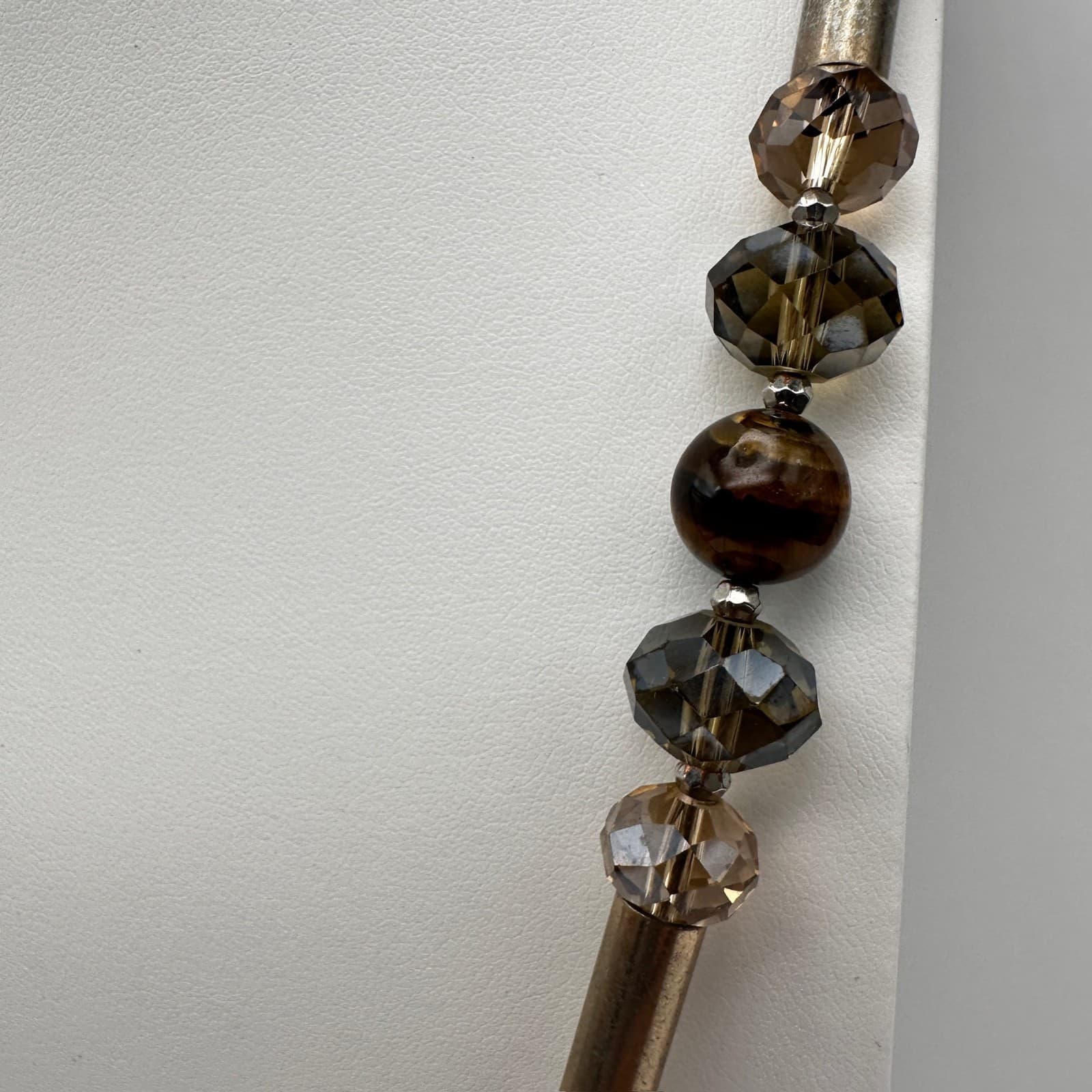 Vintage 90s LOFT Necklace Tiger's Eye Smokey Glass Bronze Tone Beaded Earthy - Thumbnail 6