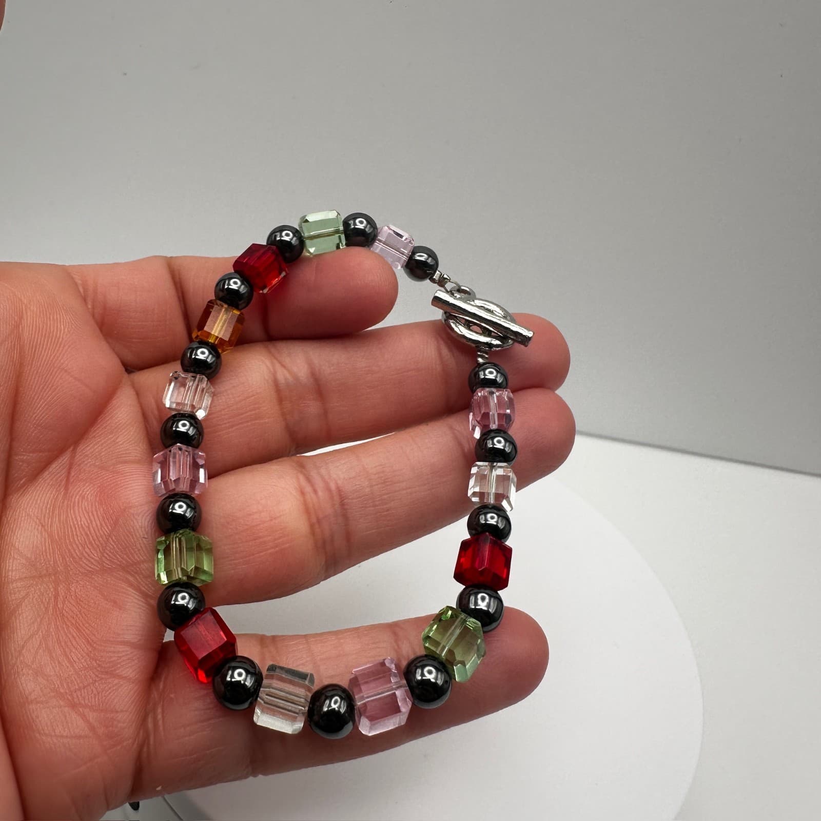 Vintage 90s Multi-Color Crystal Cube Beaded Bracelet Silver Tone Women's Jewelry - Thumbnail 9