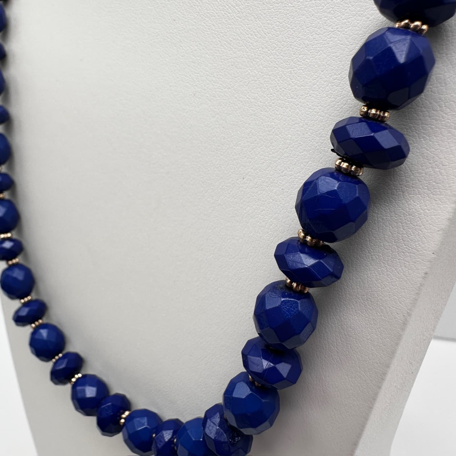 Vintage 90s Gold Tone Blue Faceted Beaded Statement Necklace Women's Jewelry - Thumbnail 8